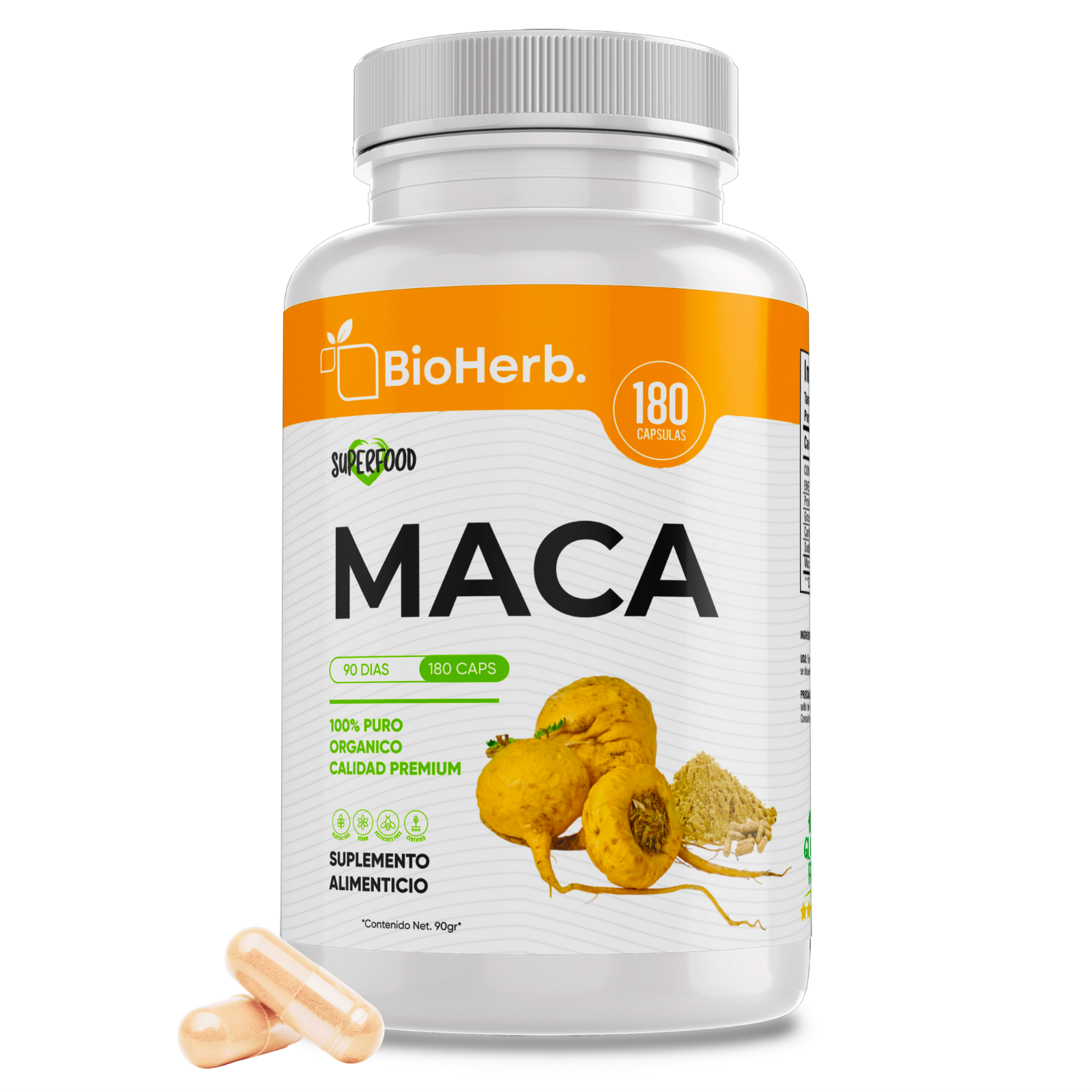 Maca Organica 100% Pura (180 Capsulas 500mg) |Para 90 Dias | NATURAL | Organica | - Yellow Maca - BioHerb.