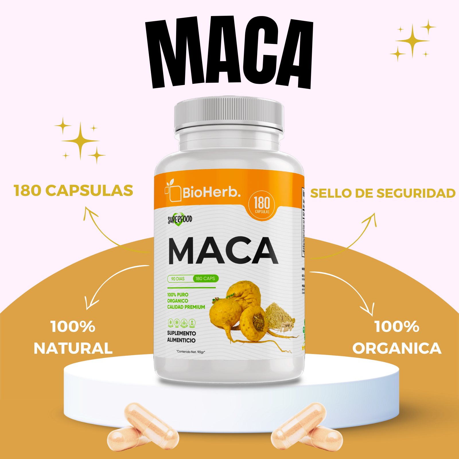 Maca Organica 100% Pura (180 Capsulas 500mg) |Para 90 Dias | NATURAL | Organica | - Yellow Maca - BioHerb.