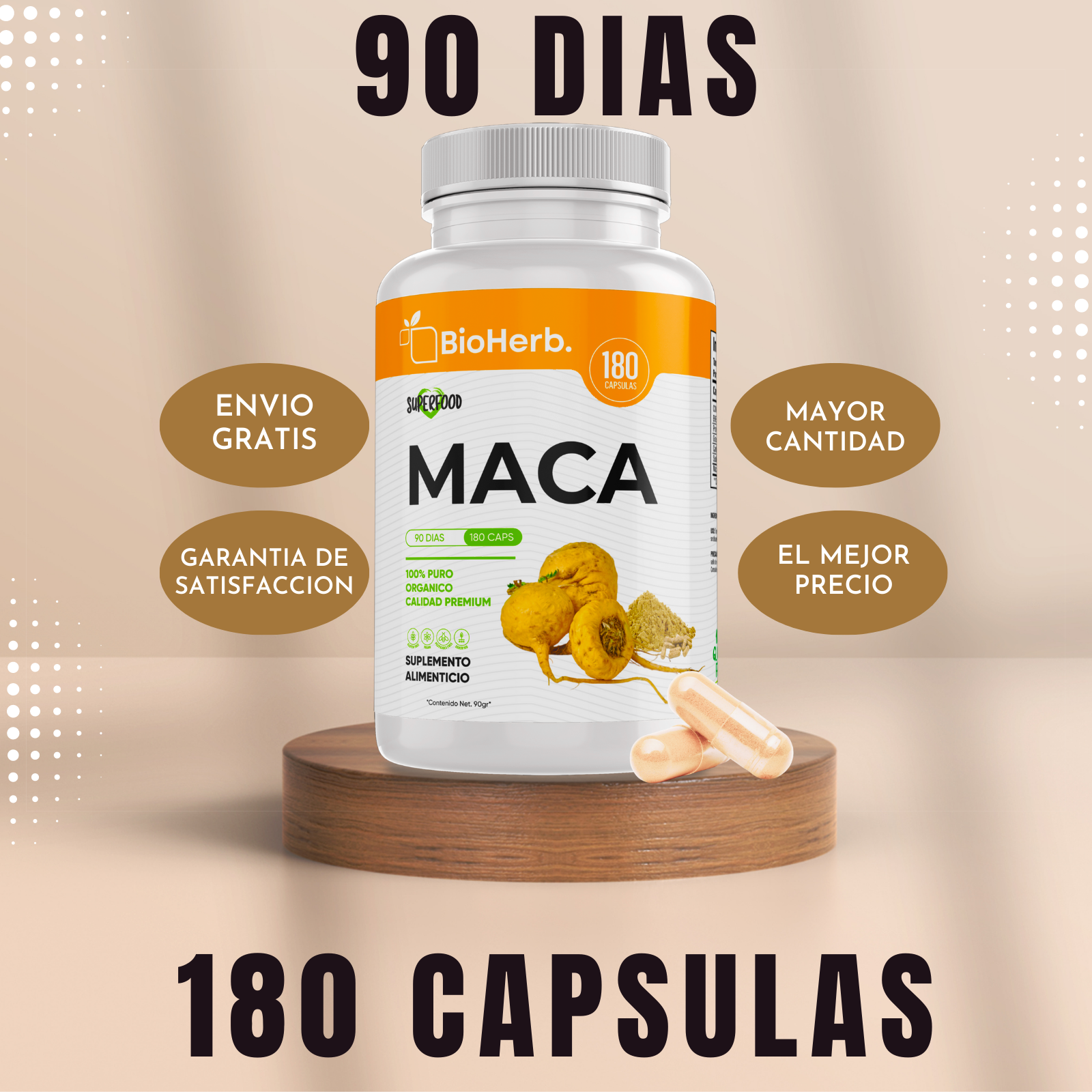 Maca Organica 100% Pura (180 Capsulas 500mg) |Para 90 Dias | NATURAL | Organica | - Yellow Maca - BioHerb.
