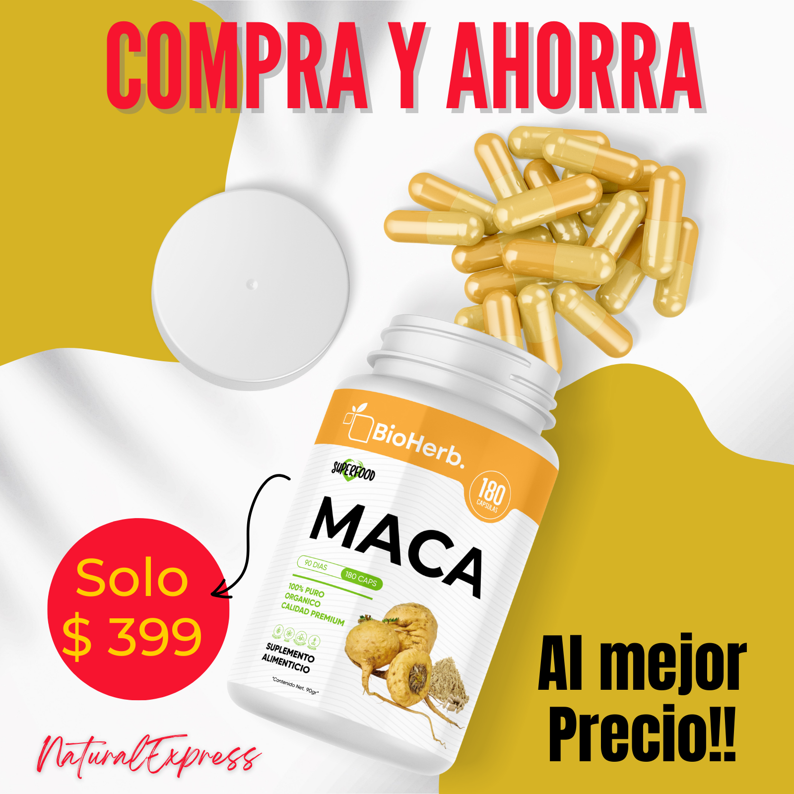 Maca Organica 100% Pura (180 Capsulas 500mg) |Para 90 Dias | NATURAL | Organica | - Yellow Maca - BioHerb.