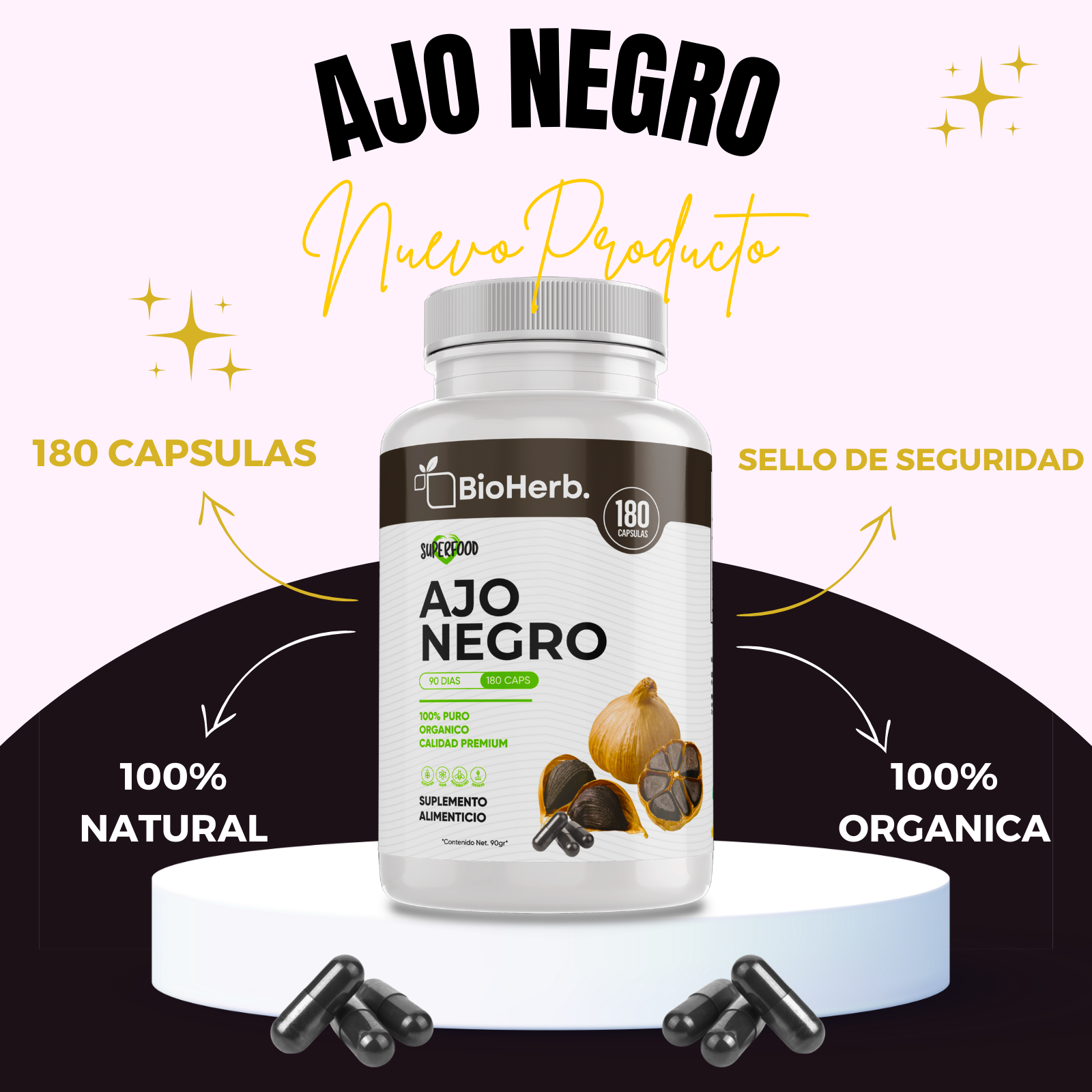 Ajo Negro 100% Puro (180 Capsulas 500mg) |ORGANICO | NATURAL | Para 90 Dias | - Black Garlic