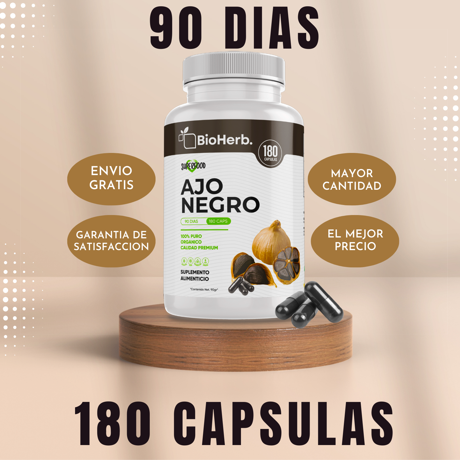 Ajo Negro 100% Puro (180 Capsulas 500mg) |ORGANICO | NATURAL | Para 90 Dias | - Black Garlic