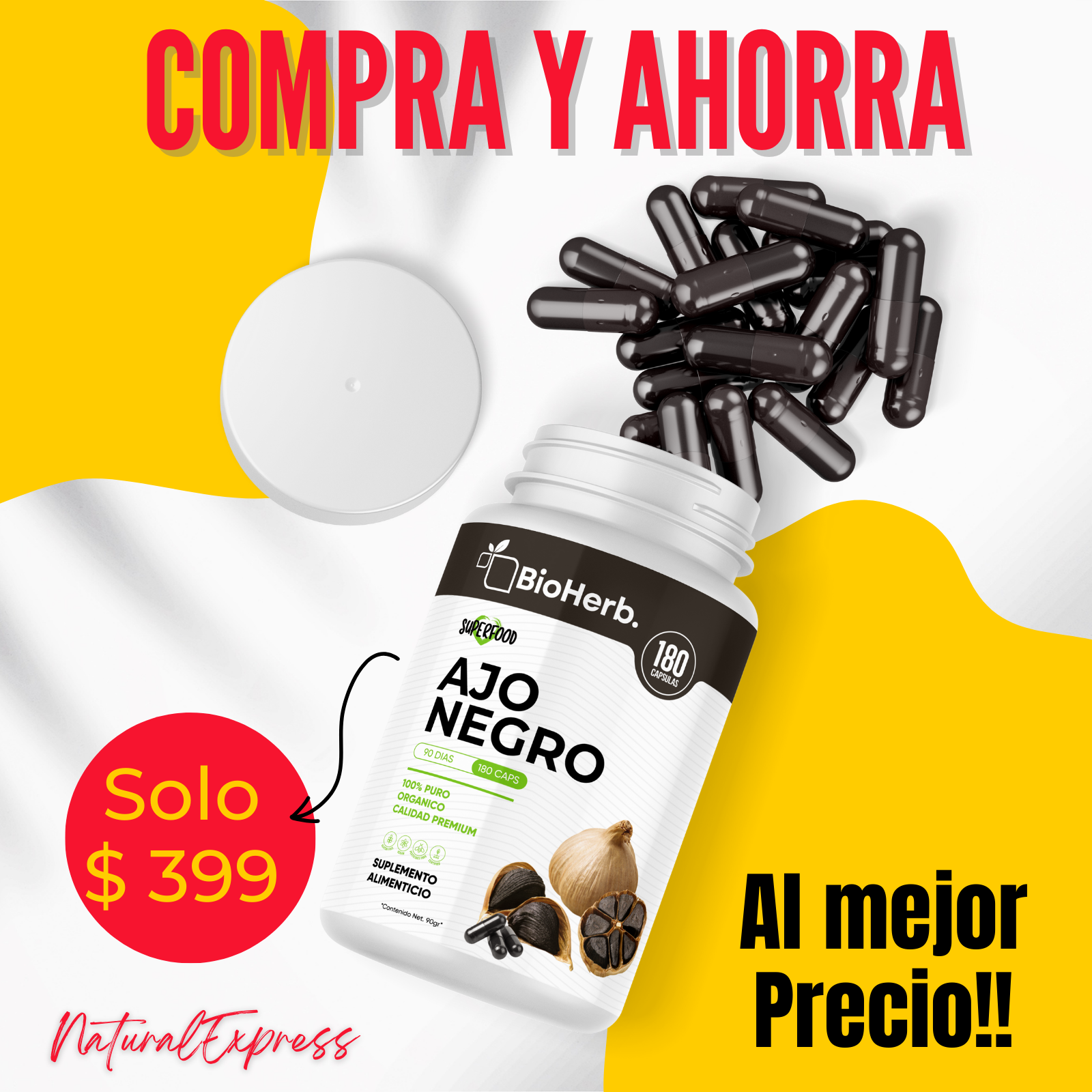 Ajo Negro 100% Puro (180 Capsulas 500mg) |ORGANICO | NATURAL | Para 90 Dias | - Black Garlic