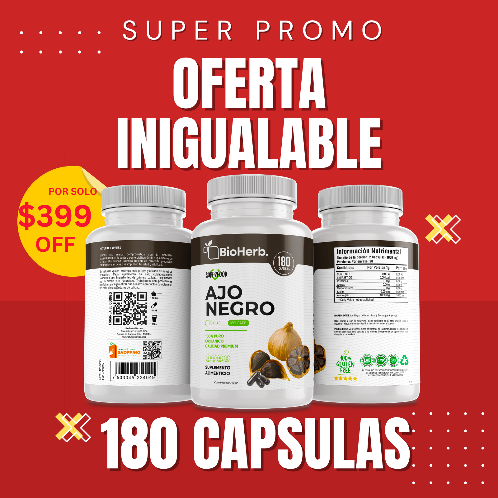 Ajo Negro 100% Puro (180 Capsulas 500mg) |ORGANICO | NATURAL | Para 90 Dias | - Black Garlic