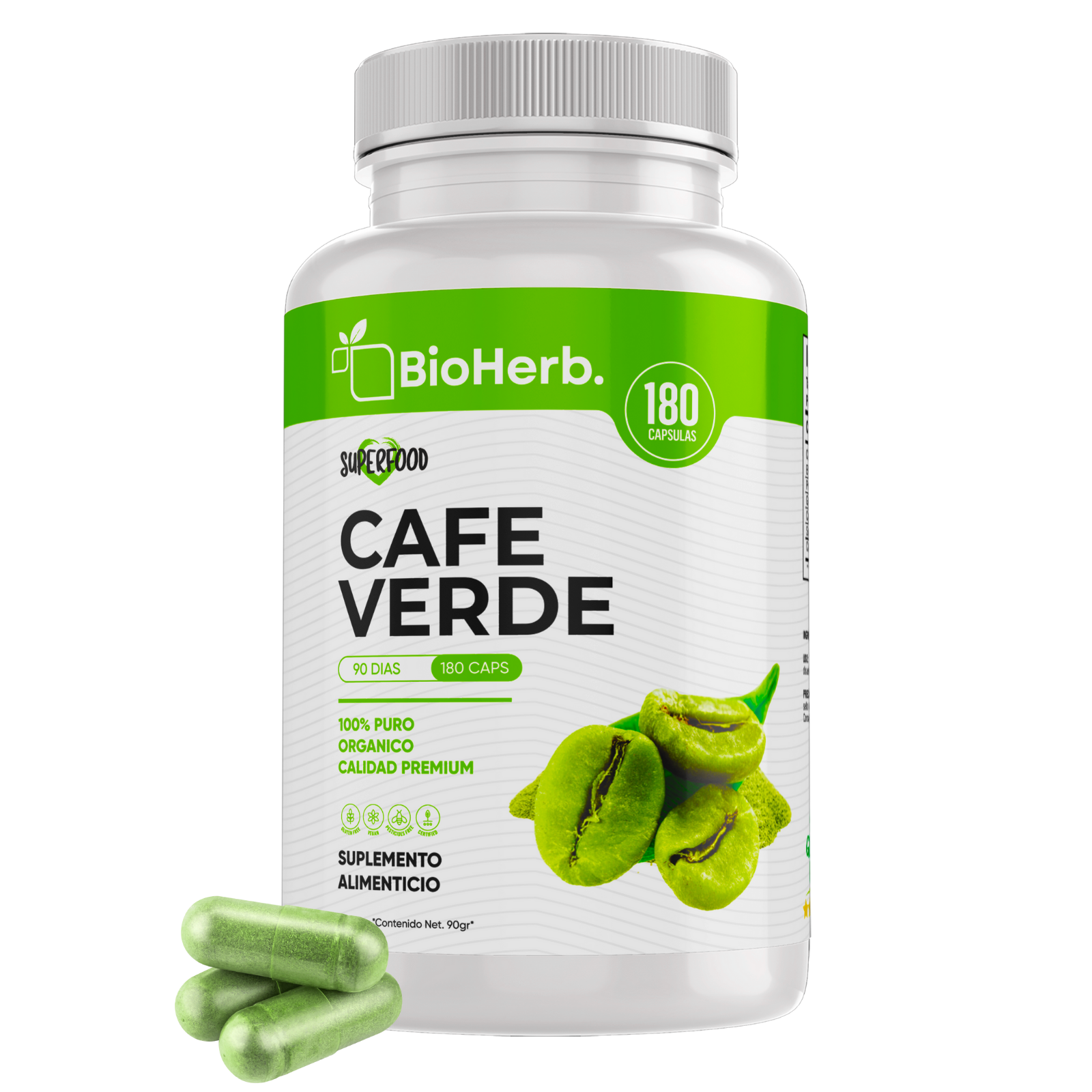 Cafe Verde 100% Puro (180 Capsulas 500mg) |ORGANICO | NATURAL | Para 90 Dias | - Organic Green Coffe Extract