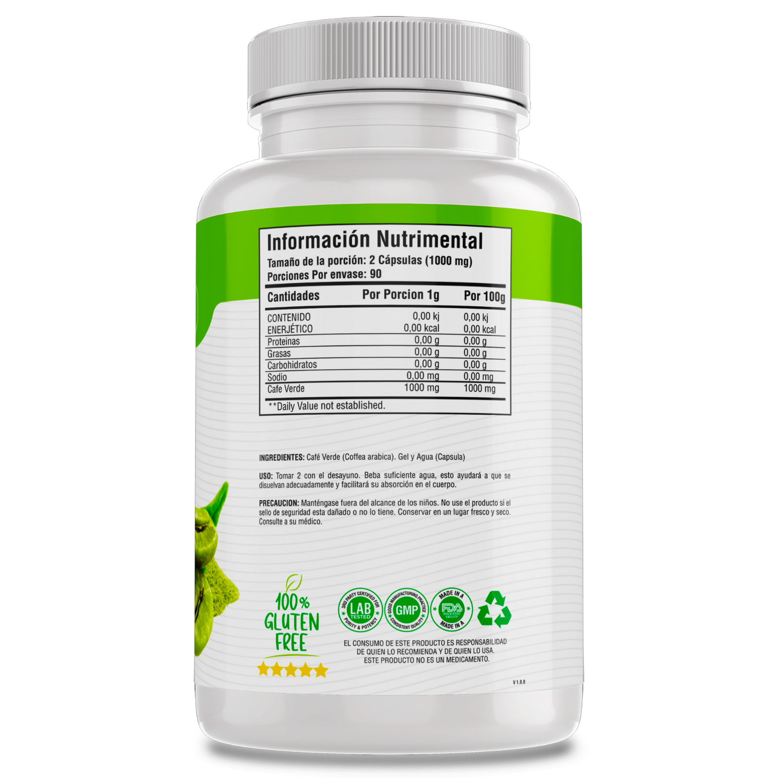 Cafe Verde 100% Puro (180 Capsulas 500mg) |ORGANICO | NATURAL | Para 90 Dias | - Organic Green Coffe Extract