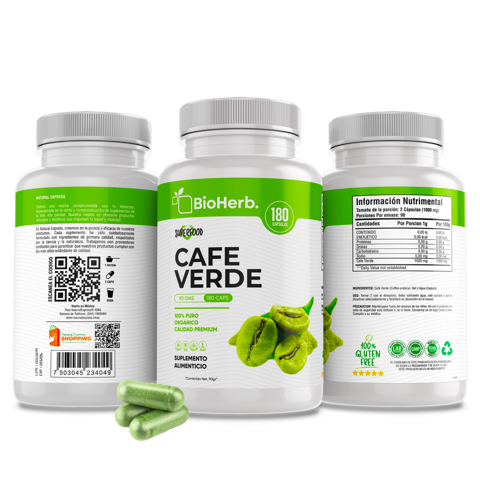 Cafe Verde 100% Puro (180 Capsulas 500mg) |ORGANICO | NATURAL | Para 90 Dias | - Organic Green Coffe Extract