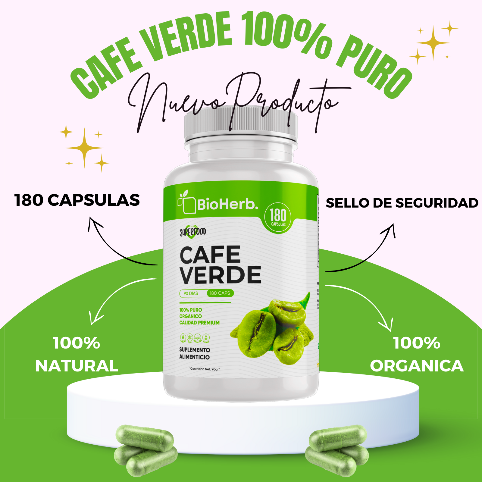 Cafe Verde 100% Puro (180 Capsulas 500mg) |ORGANICO | NATURAL | Para 90 Dias | - Organic Green Coffe Extract