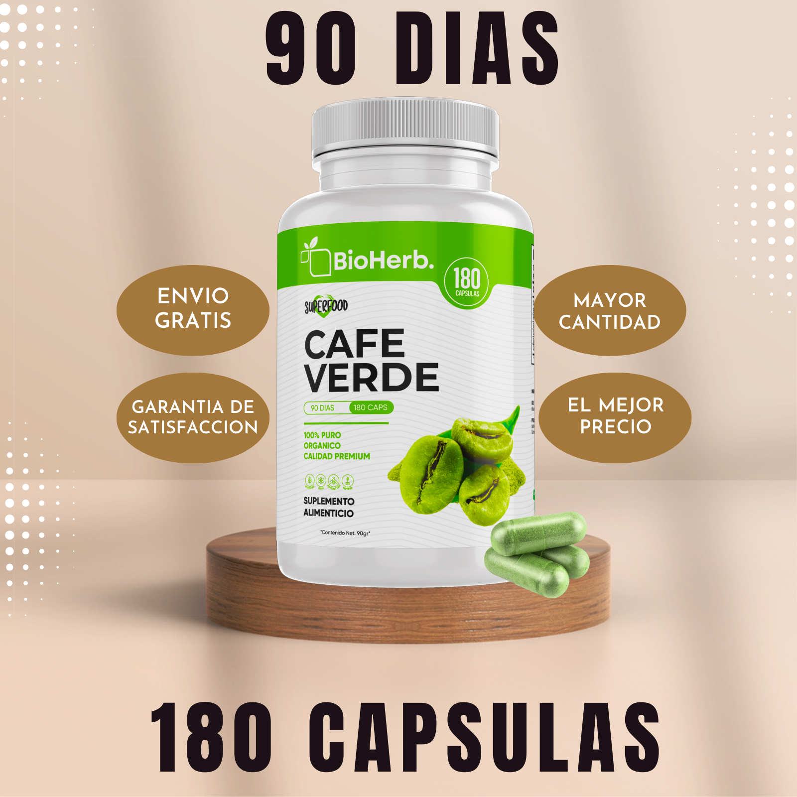 Cafe Verde 100% Puro (180 Capsulas 500mg) |ORGANICO | NATURAL | Para 90 Dias | - Organic Green Coffe Extract