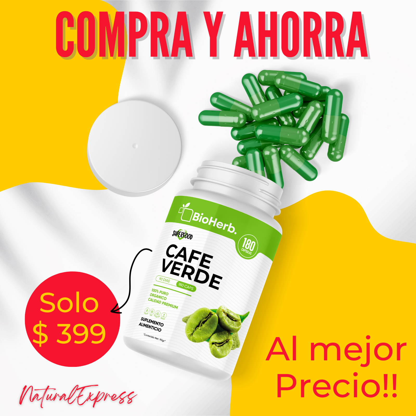 Cafe Verde 100% Puro (180 Capsulas 500mg) |ORGANICO | NATURAL | Para 90 Dias | - Organic Green Coffe Extract