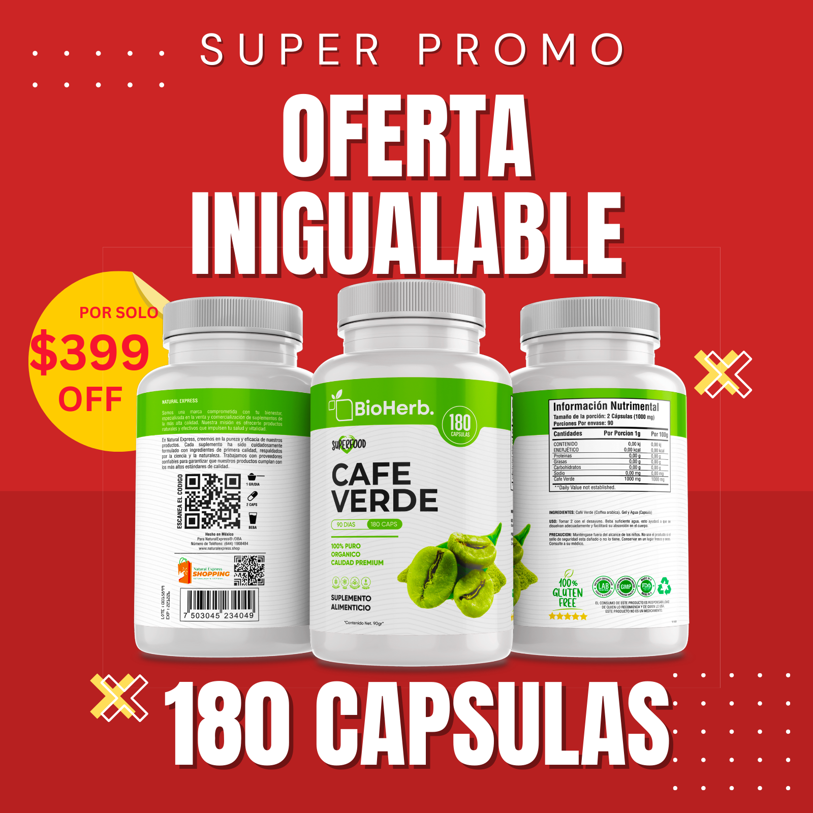 Cafe Verde 100% Puro (180 Capsulas 500mg) |ORGANICO | NATURAL | Para 90 Dias | - Organic Green Coffe Extract