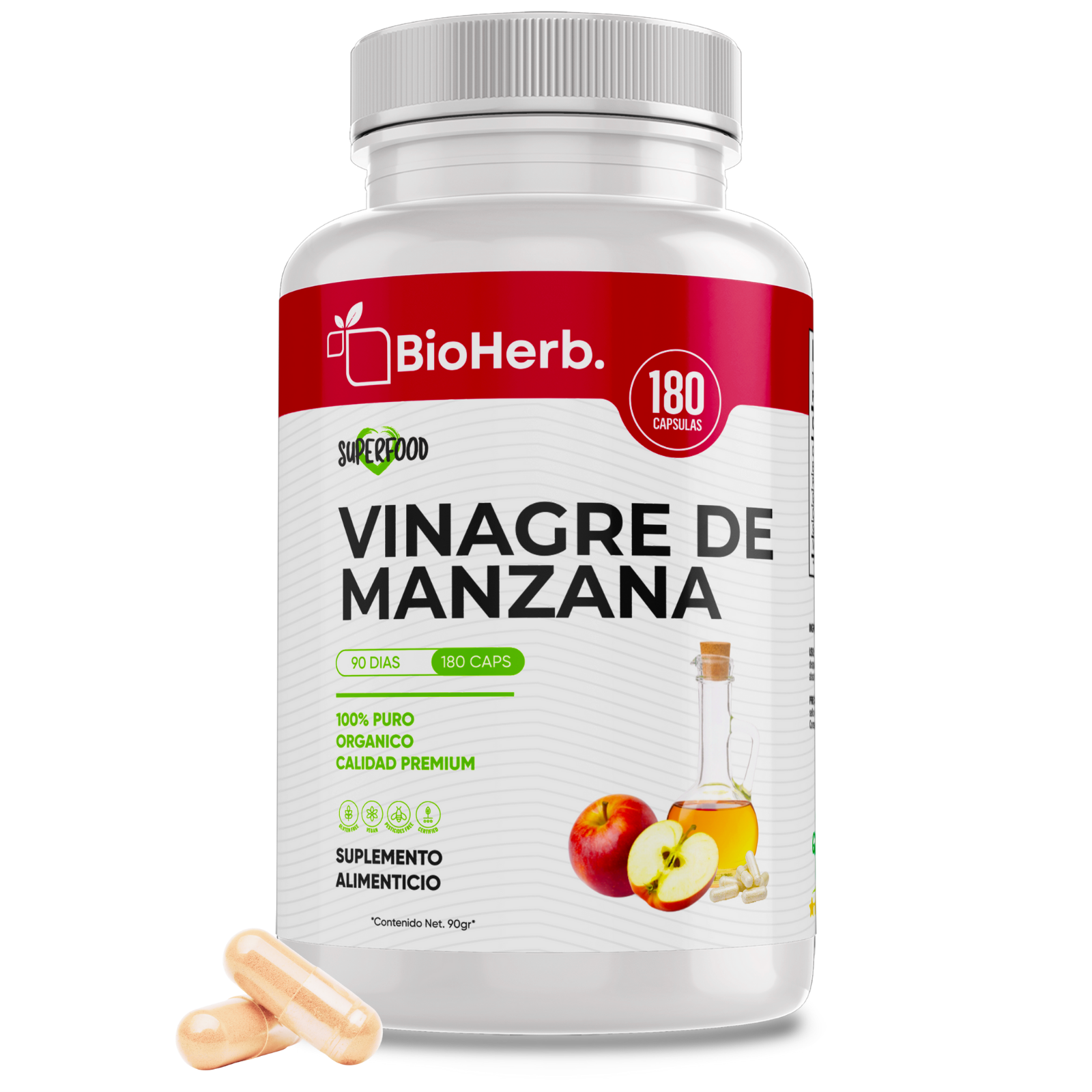 Vinagre de Manzana 100% Puro (180 Capsulas 500mg) |ORGANICO | NATURAL |  Para 90 Dias | - Organic Apple Cider - BioHerb.