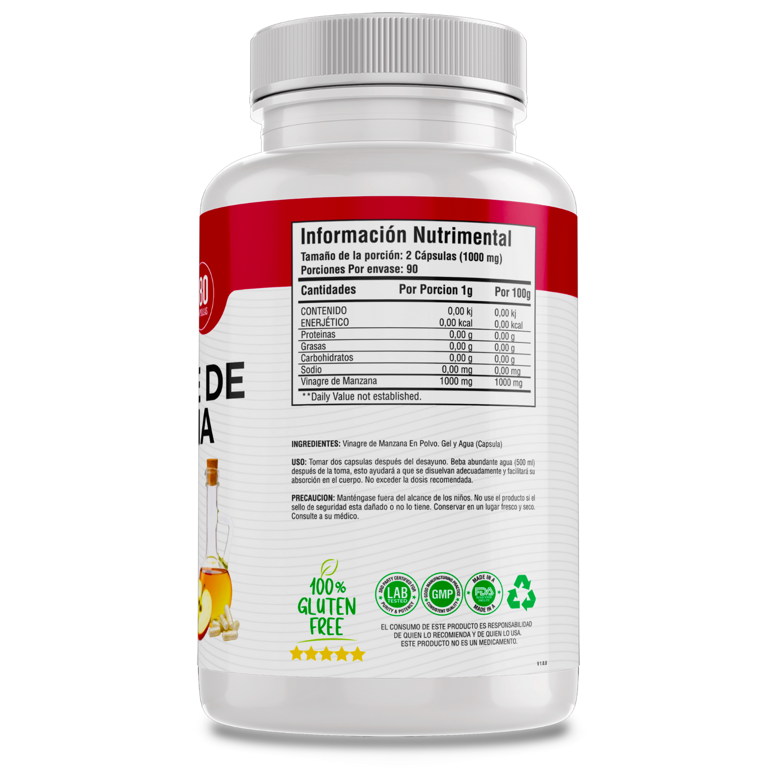 Vinagre de Manzana 100% Puro (180 Capsulas 500mg) |ORGANICO | NATURAL |  Para 90 Dias | - Organic Apple Cider - BioHerb.