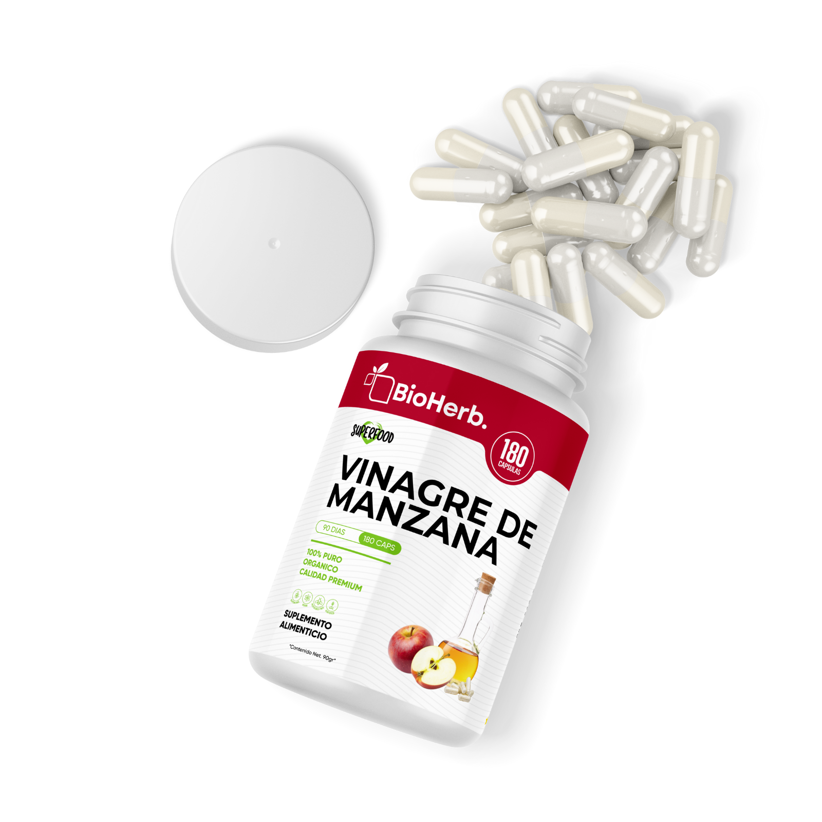 Vinagre de Manzana 100% Puro (180 Capsulas 500mg) |ORGANICO | NATURAL |  Para 90 Dias | - Organic Apple Cider - BioHerb.