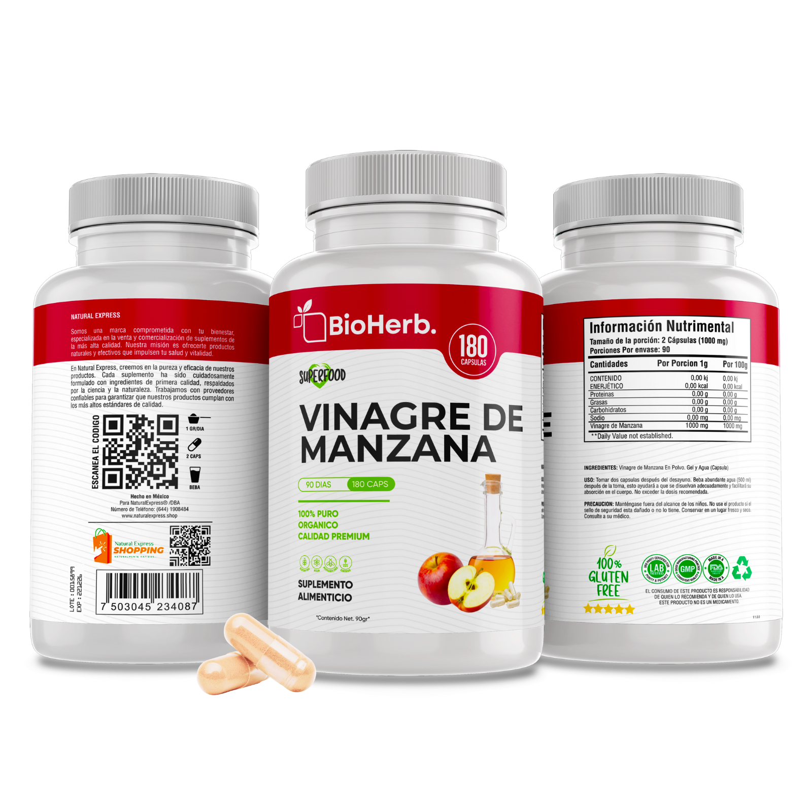 Vinagre de Manzana 100% Puro (180 Capsulas 500mg) |ORGANICO | NATURAL |  Para 90 Dias | - Organic Apple Cider - BioHerb.