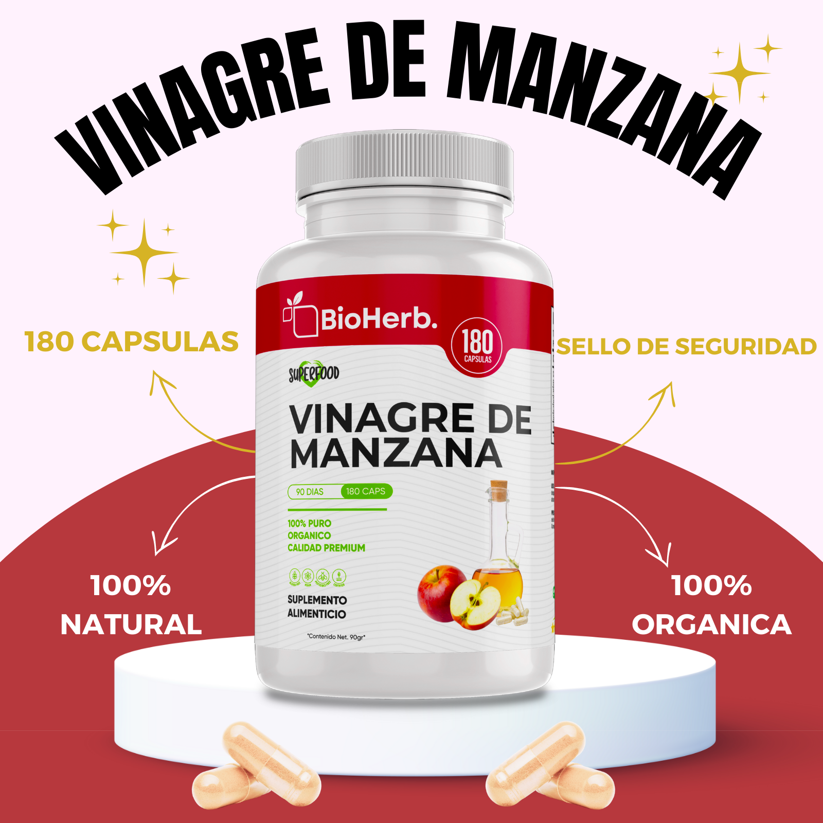 Vinagre de Manzana 100% Puro (180 Capsulas 500mg) |ORGANICO | NATURAL |  Para 90 Dias | - Organic Apple Cider - BioHerb.