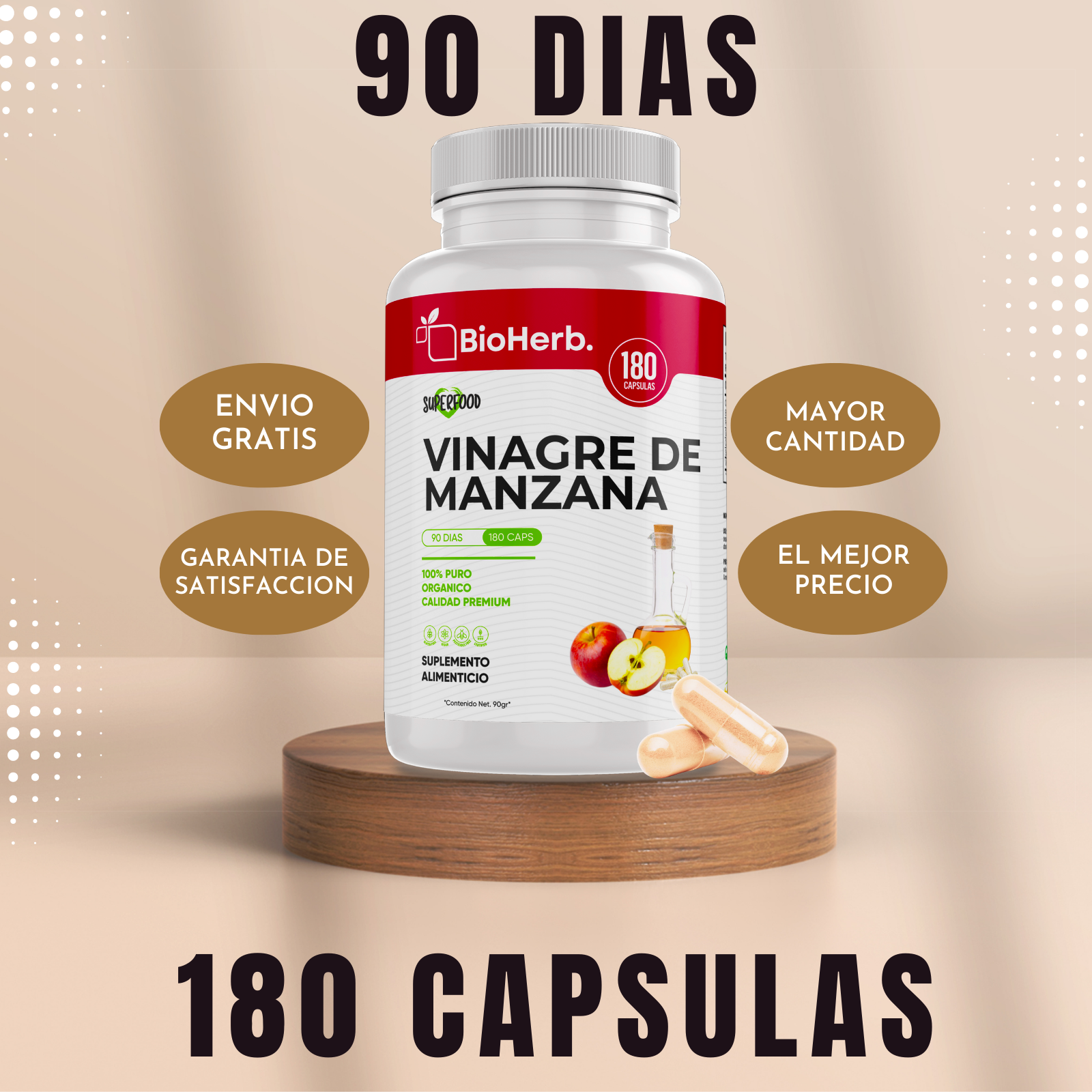 Vinagre de Manzana 100% Puro (180 Capsulas 500mg) |ORGANICO | NATURAL |  Para 90 Dias | - Organic Apple Cider - BioHerb.