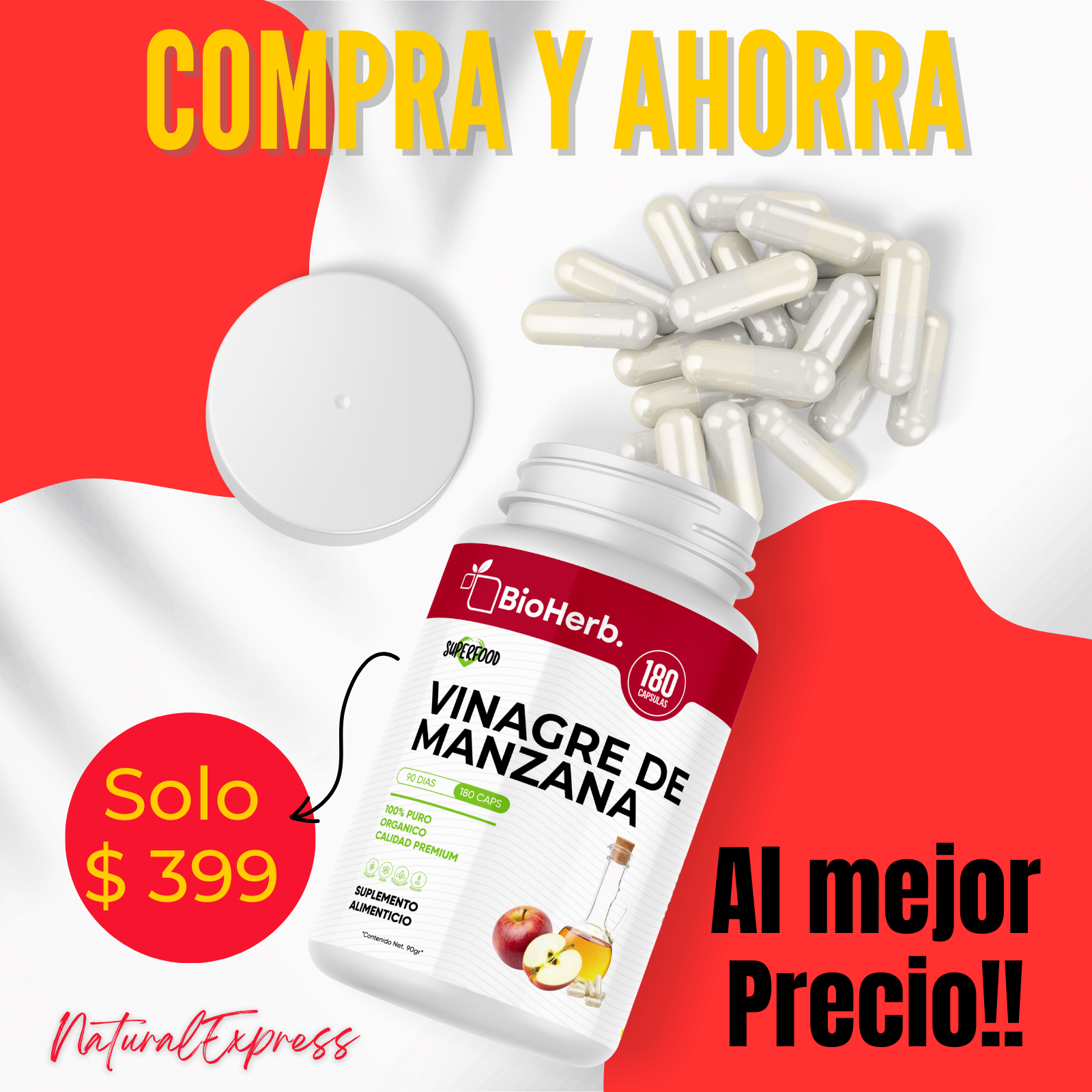 Vinagre de Manzana 100% Puro (180 Capsulas 500mg) |ORGANICO | NATURAL |  Para 90 Dias | - Organic Apple Cider - BioHerb.