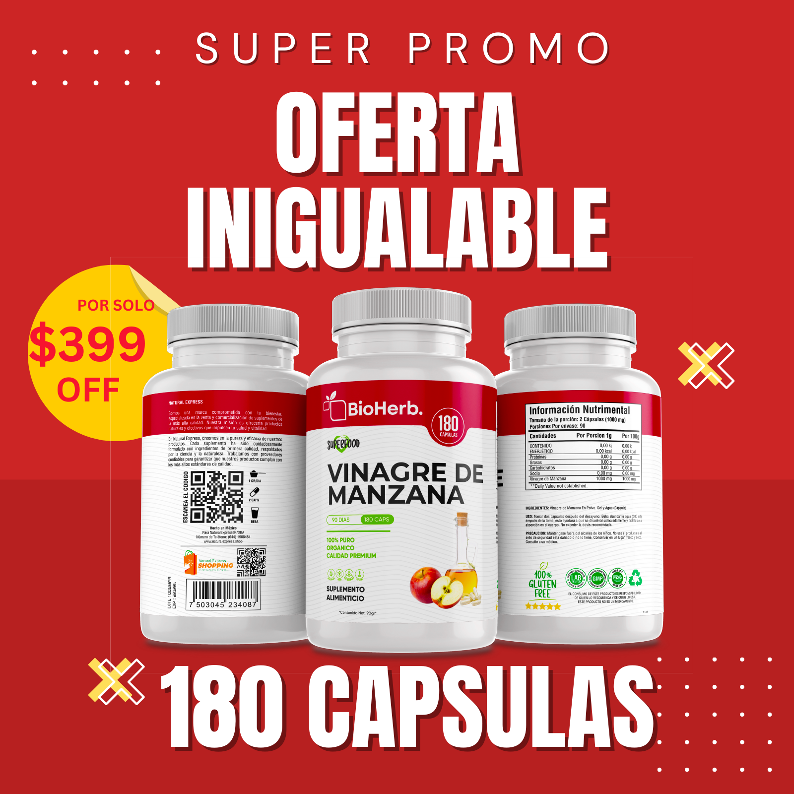 Vinagre de Manzana 100% Puro (180 Capsulas 500mg) |ORGANICO | NATURAL |  Para 90 Dias | - Organic Apple Cider - BioHerb.