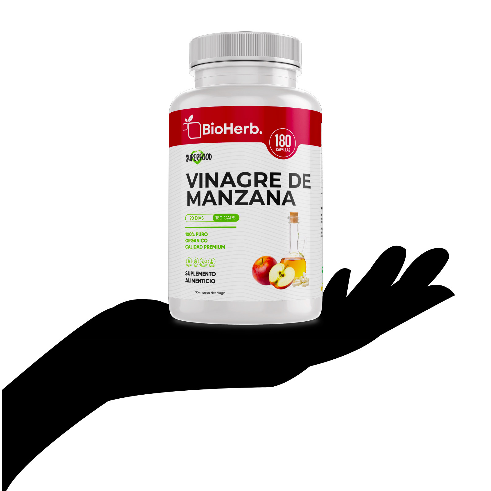 Vinagre de Manzana 100% Puro (180 Capsulas 500mg) |ORGANICO | NATURAL |  Para 90 Dias | - Organic Apple Cider - BioHerb.