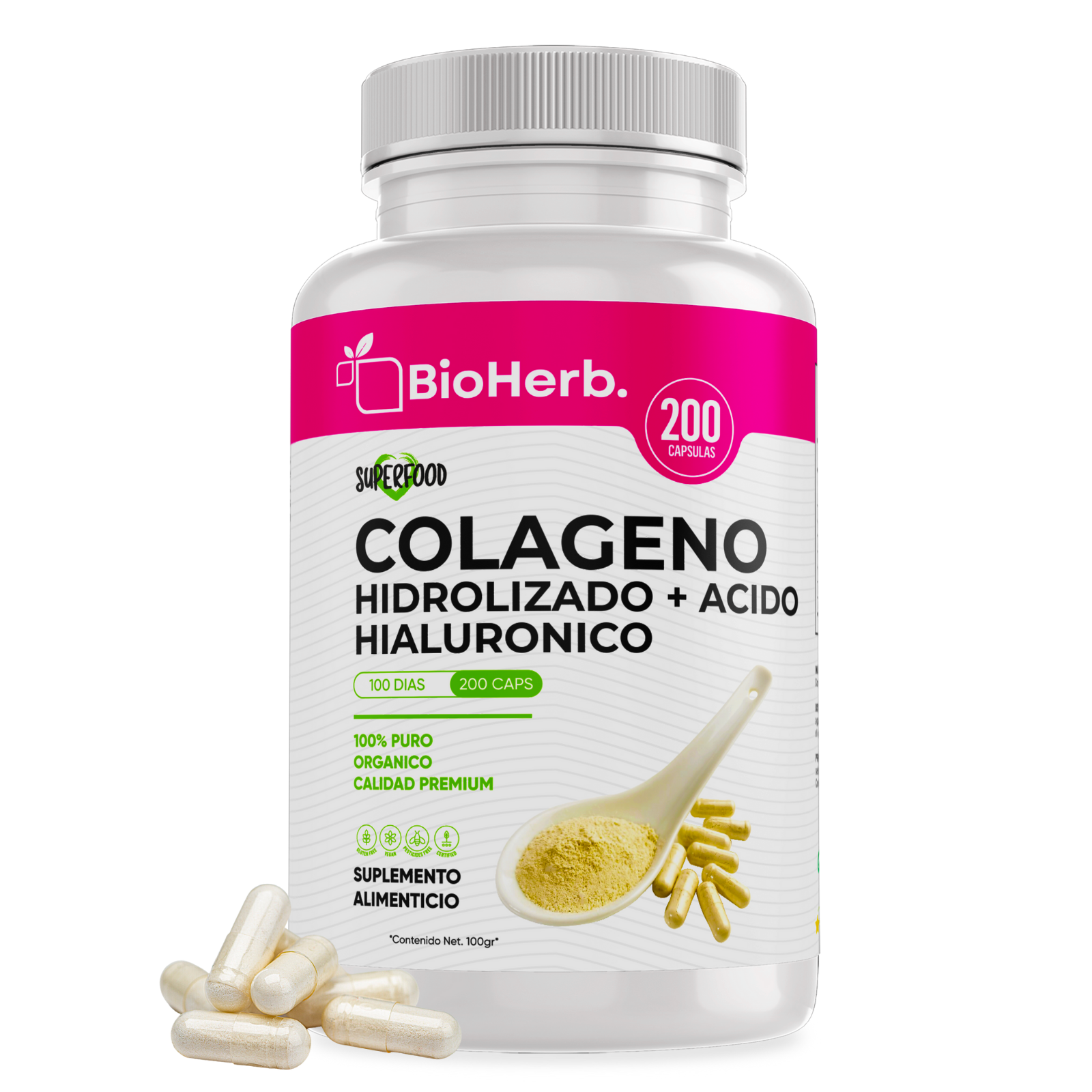 Colageno Hidrolizado + Acido Hialuronico (200 Capsulas 500mg) Para 100  Dias - BioHerb.