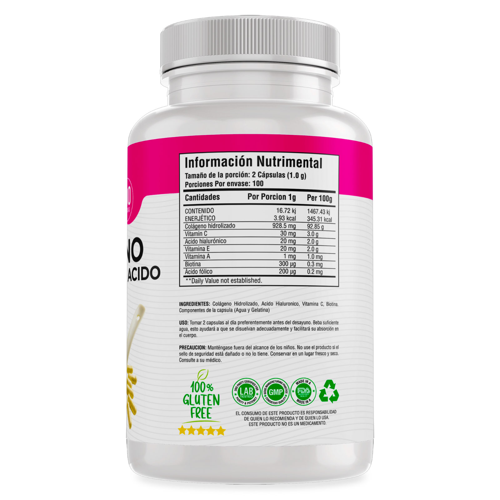 Colageno Hidrolizado + Acido Hialuronico (200 Capsulas 500mg) Para 100  Dias - BioHerb.