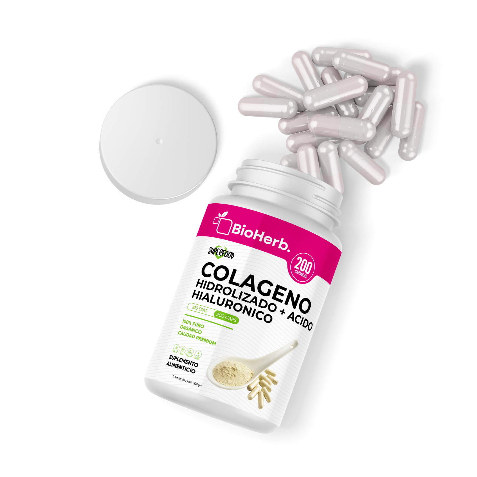 Colageno Hidrolizado + Acido Hialuronico (200 Capsulas 500mg) Para 100  Dias - BioHerb.