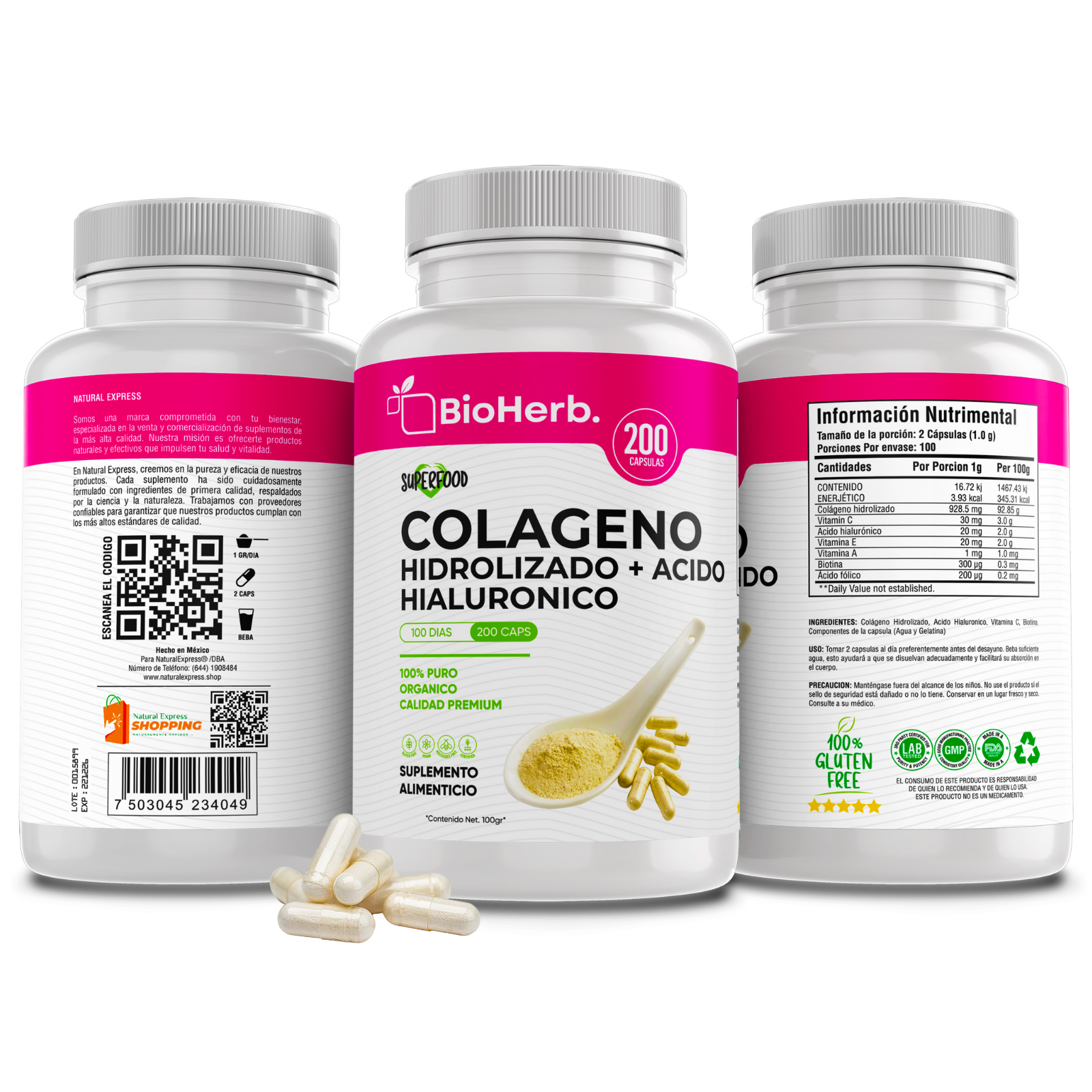 Colageno Hidrolizado + Acido Hialuronico (200 Capsulas 500mg) Para 100  Dias - BioHerb.