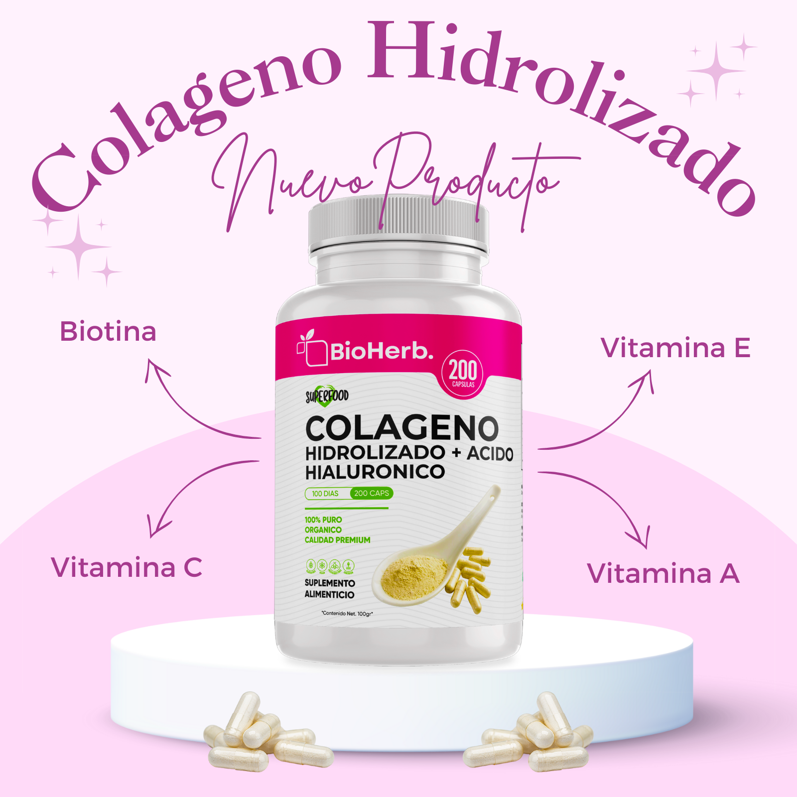 Colageno Hidrolizado + Acido Hialuronico (200 Capsulas 500mg) Para 100  Dias - BioHerb.
