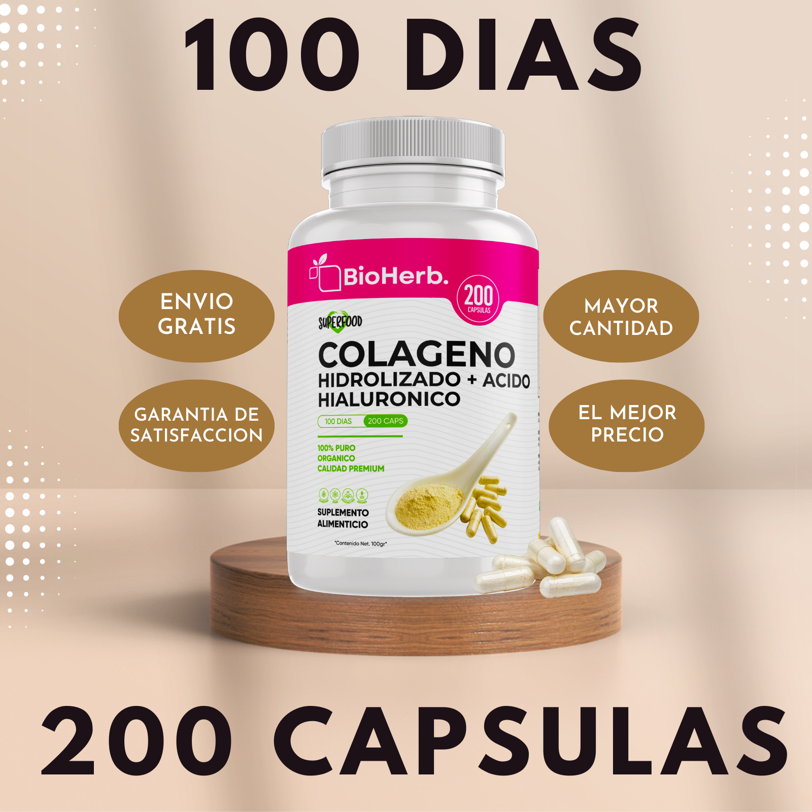 Colageno Hidrolizado + Acido Hialuronico (200 Capsulas 500mg) Para 100  Dias - BioHerb.