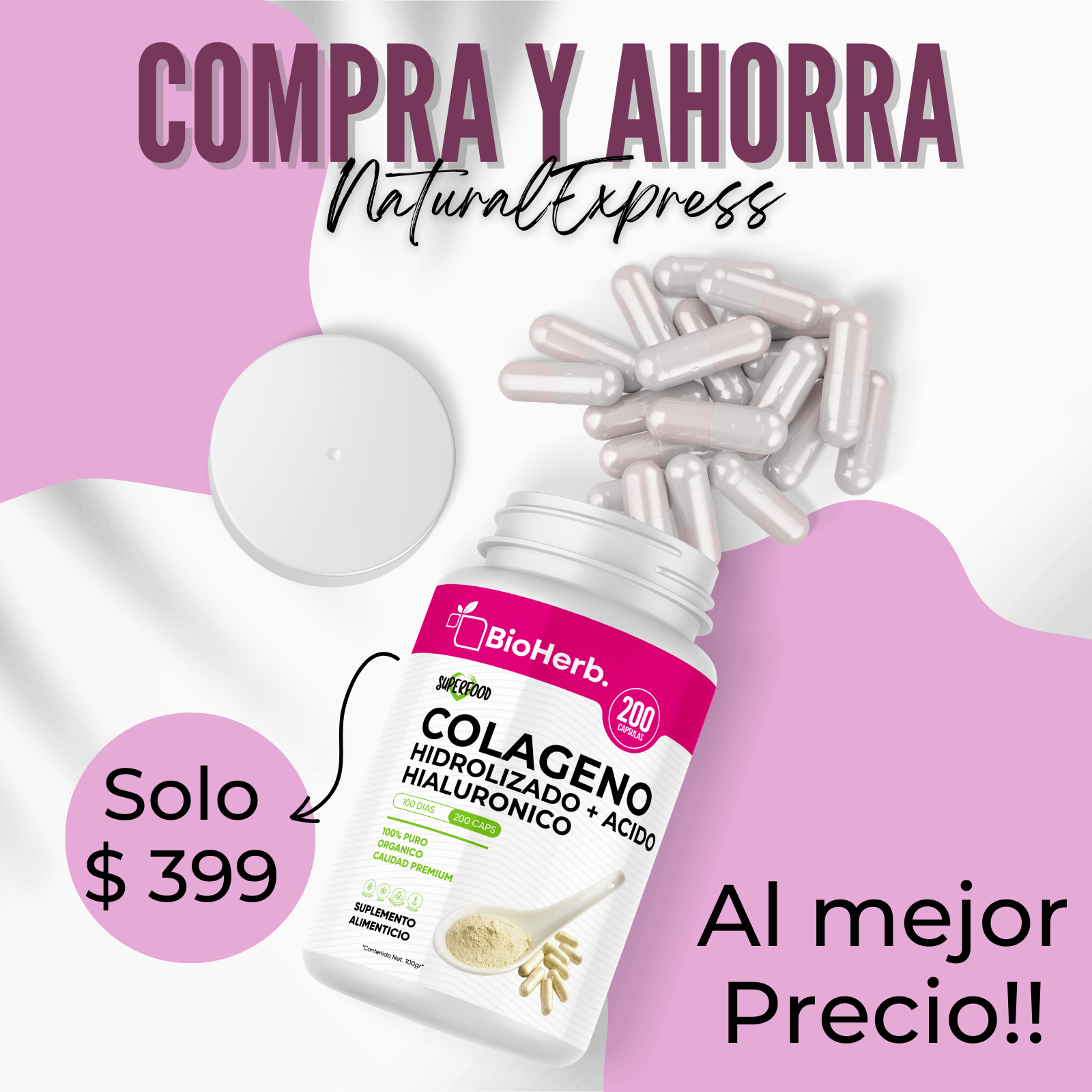 Colageno Hidrolizado + Acido Hialuronico (200 Capsulas 500mg) Para 100  Dias - BioHerb.