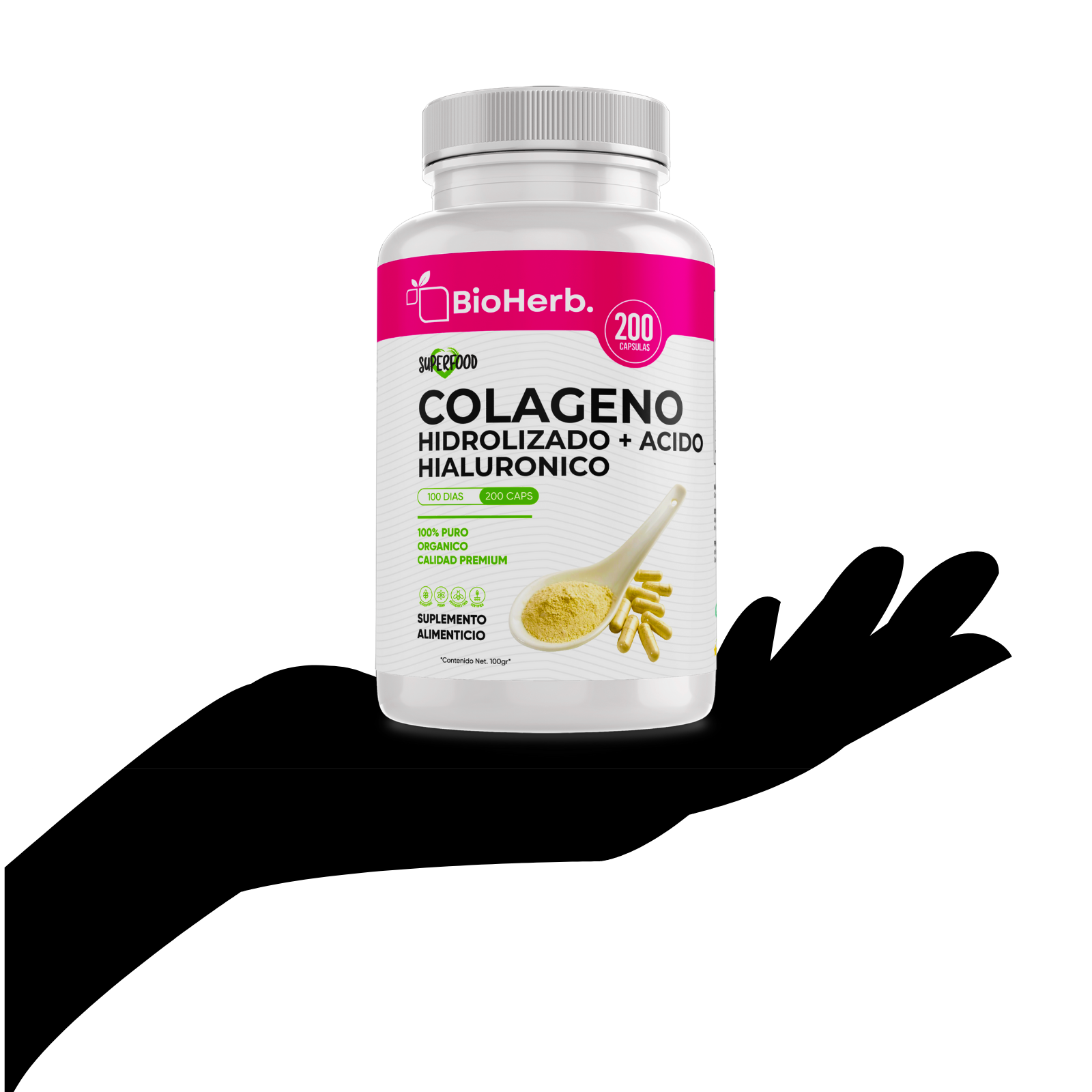 Colageno Hidrolizado + Acido Hialuronico (200 Capsulas 500mg) Para 100  Dias - BioHerb.