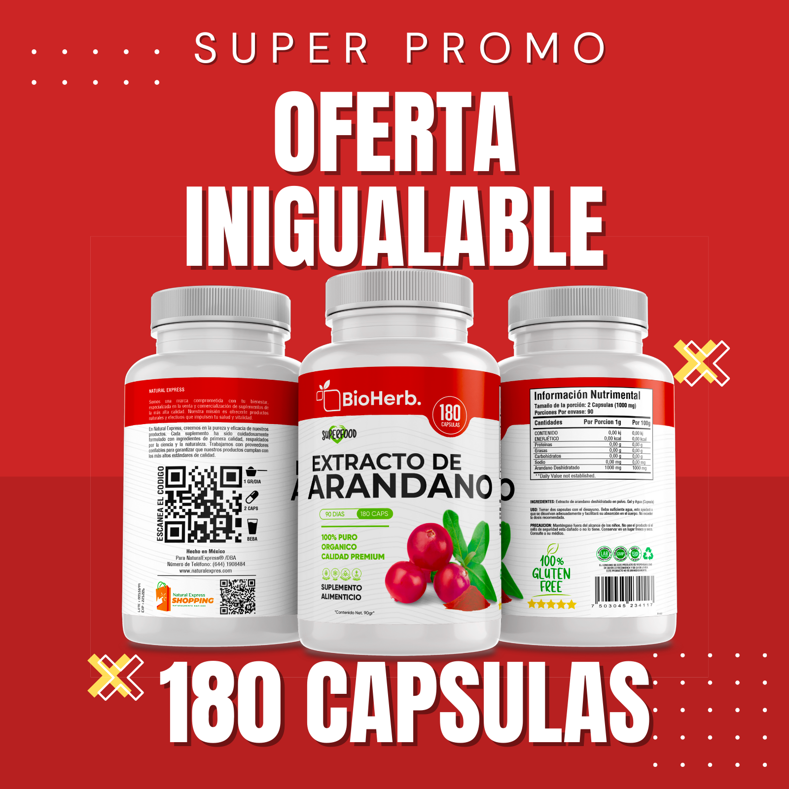 Extracto de Arandano 100% Puro (180 Capsulas 500mg) |ORGANICO | NATURAL | Para 90 Dias | - Organic Cranberry Extract Extract