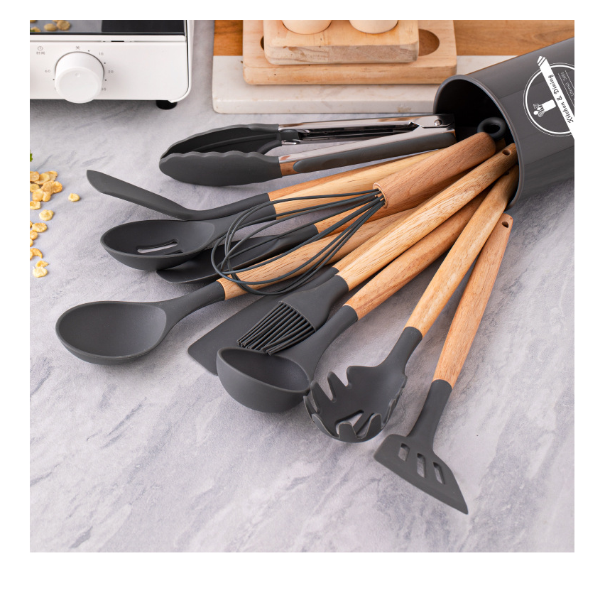  Juego de utensilios de cocina, 12 utensilios de cocina de  silicona, resistentes al calor de 446 °F, mango de madera con soporte para  utensilios de cocina antiadherentes (gris: verde) : Hogar