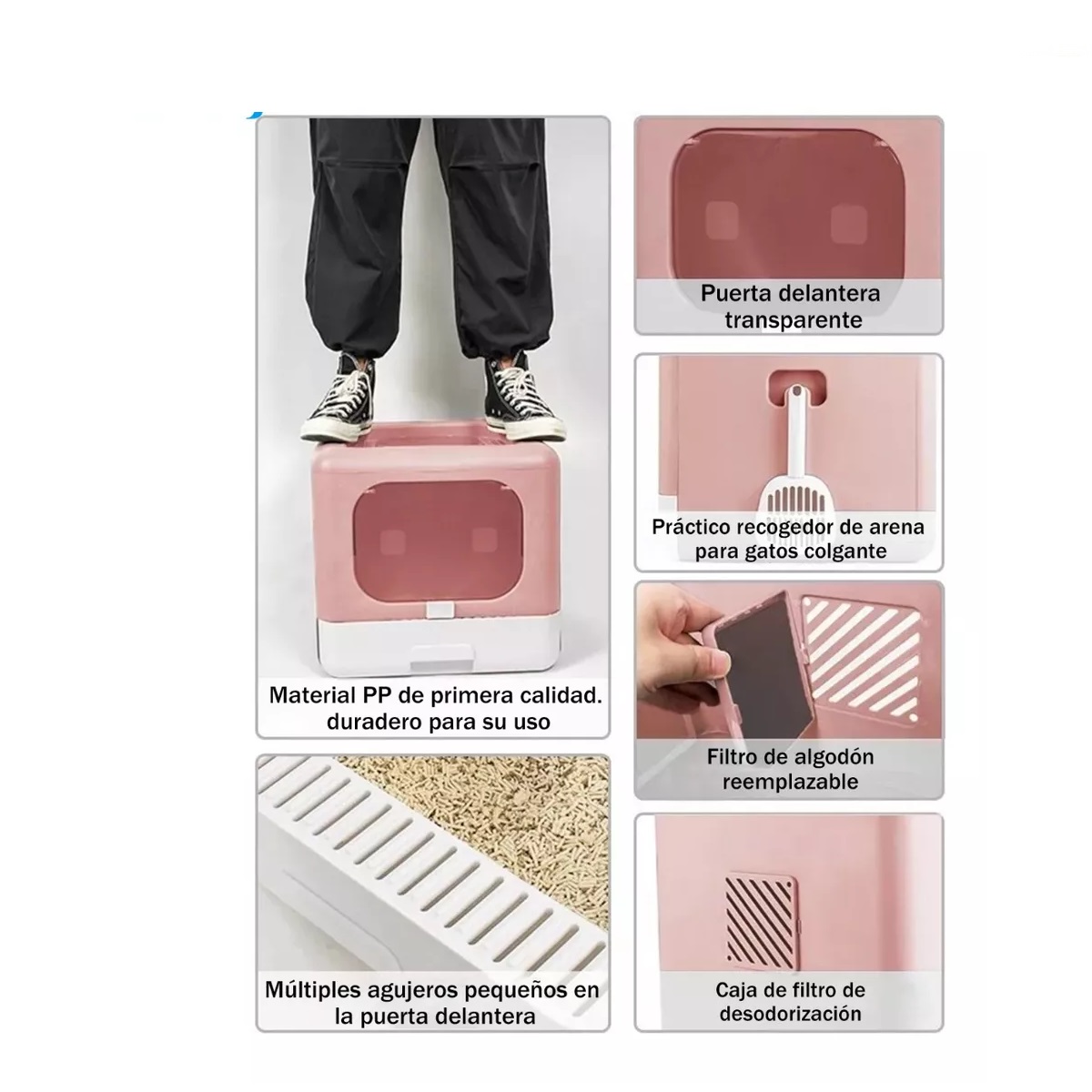 Arenero Para Gatos Grande Cerrado Plegable Portátil Rosa