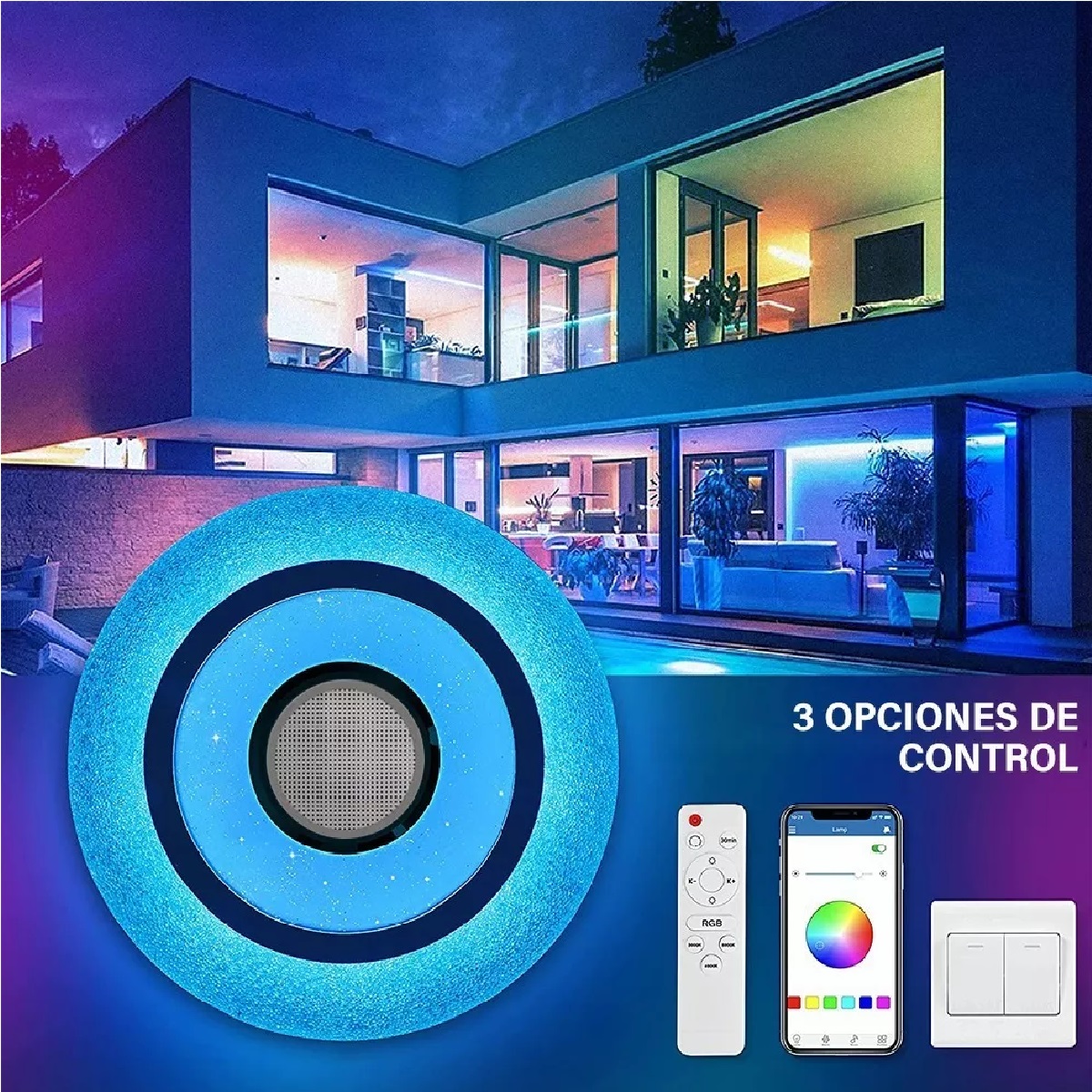 Lámpara De Techo Bluetooth Música Led Rgb Plafón Con Bocina Azul