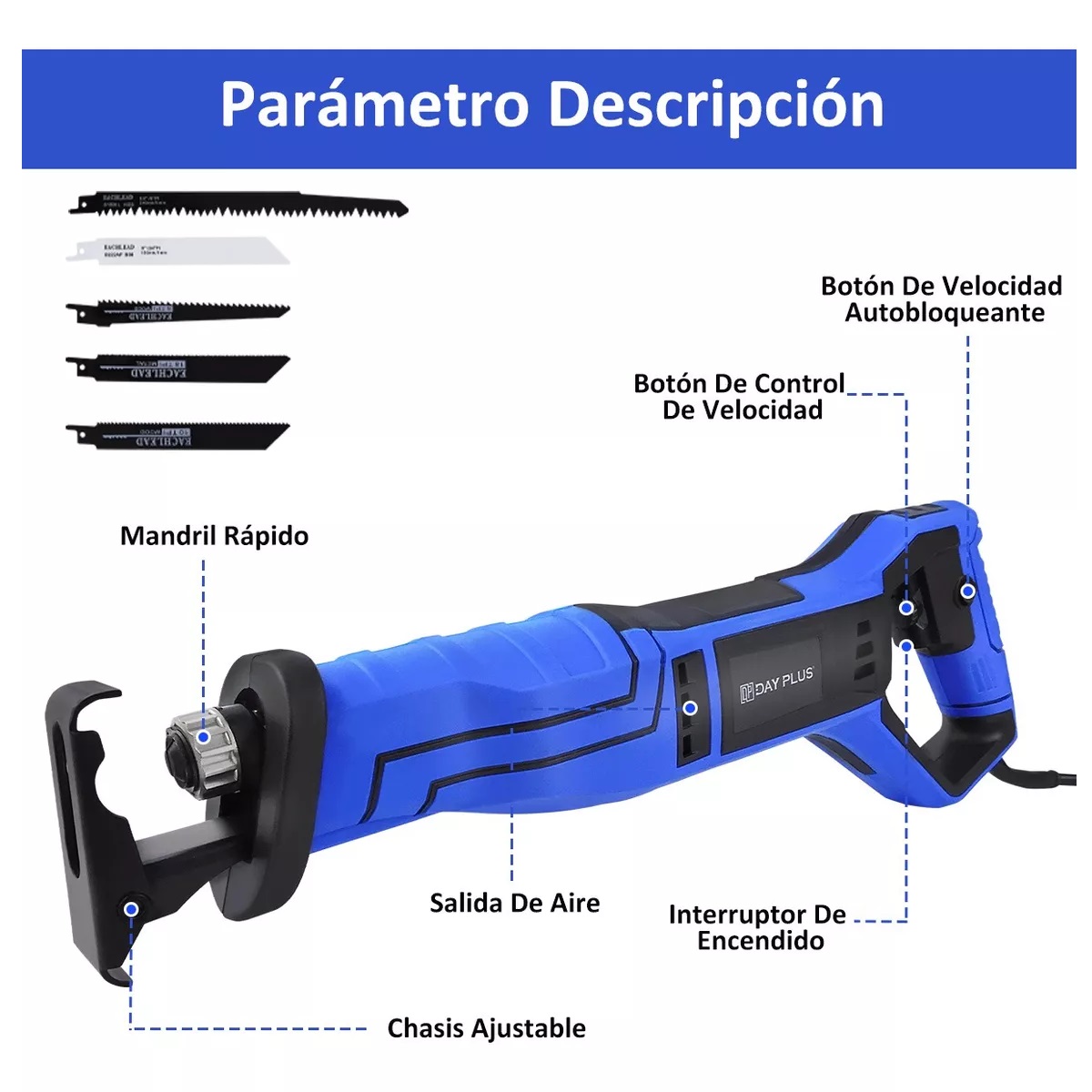 Sierra Reciproca Eléctrica Sable Velocidad Con 5 Seguetas Azul