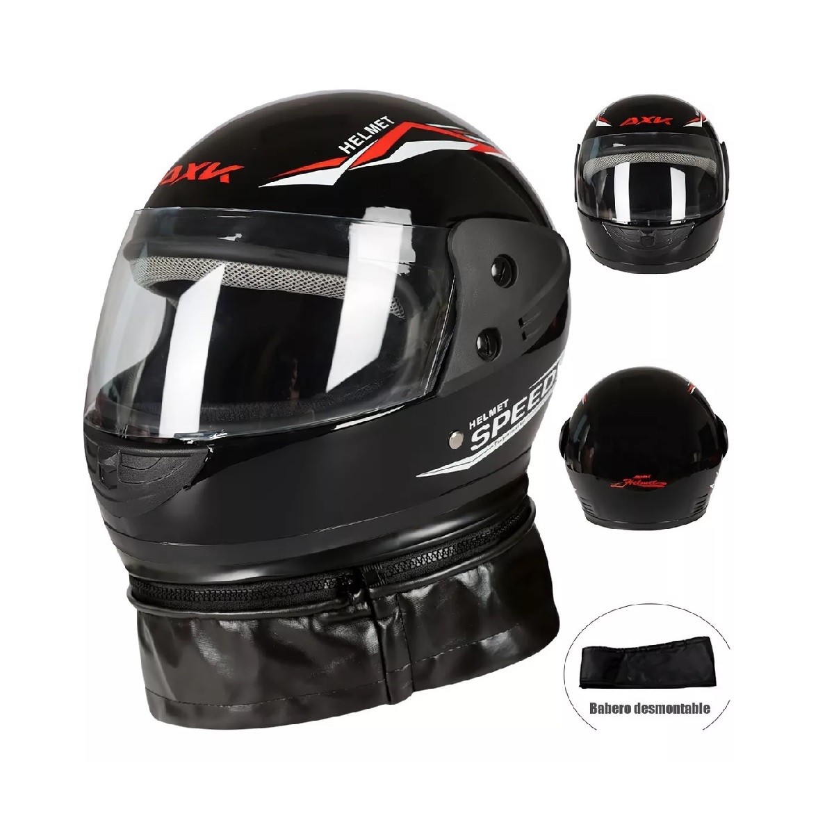 Casco Moto Abatible Negro Brillante Motociclista Con Bufanda