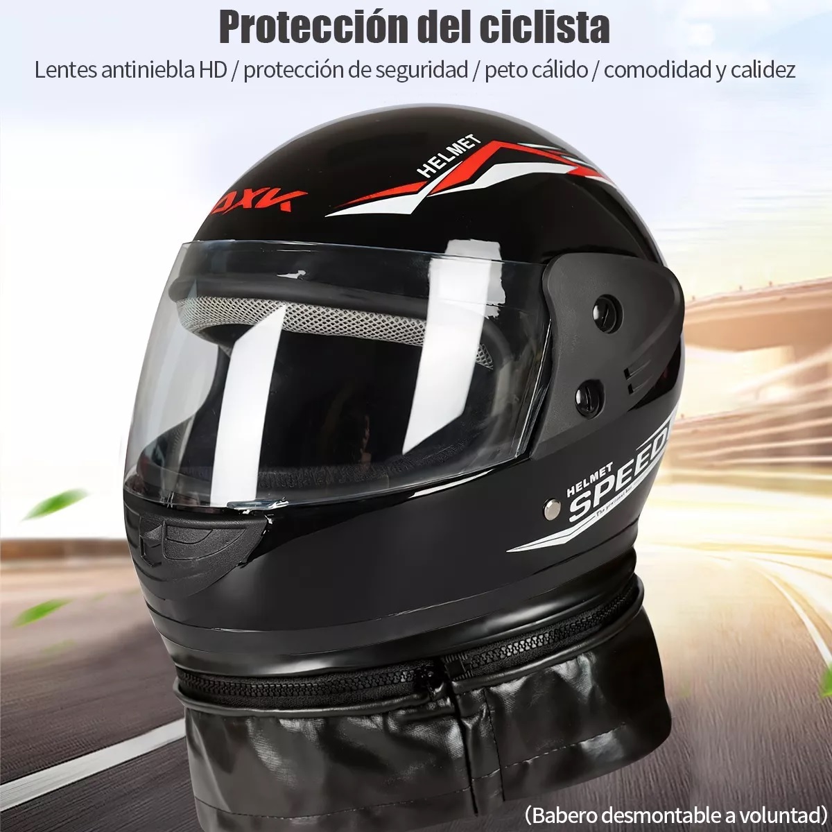 Casco Moto Abatible Negro Brillante Motociclista Con Bufanda