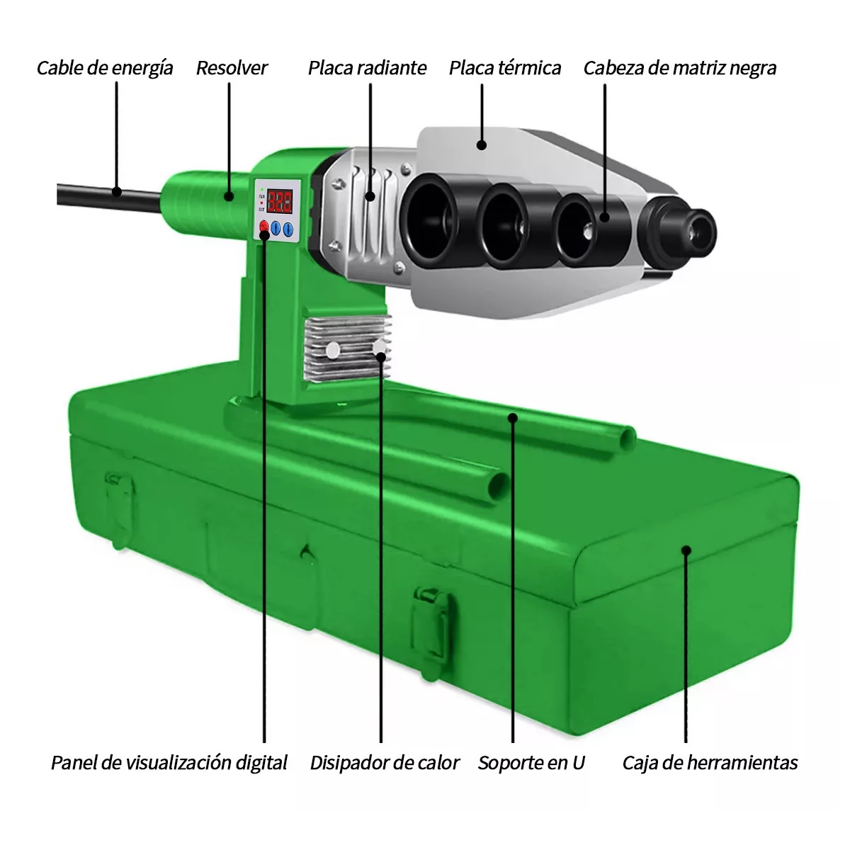 Kit Termofusor 1000w Pantalla Digital De Con 6 Dados+tijeras Verde