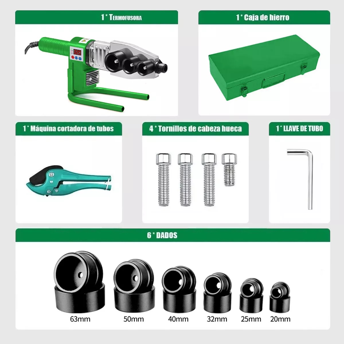 Kit Termofusor 1000w Pantalla Digital De Con 6 Dados+tijeras Verde