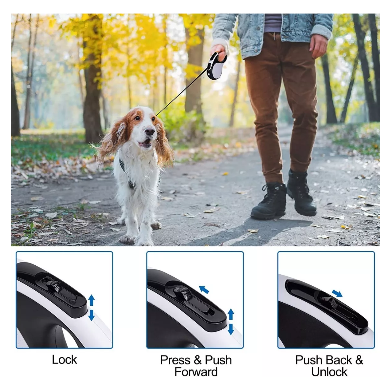 Correa Retractil Lampara Para Perros Blanco con Negro