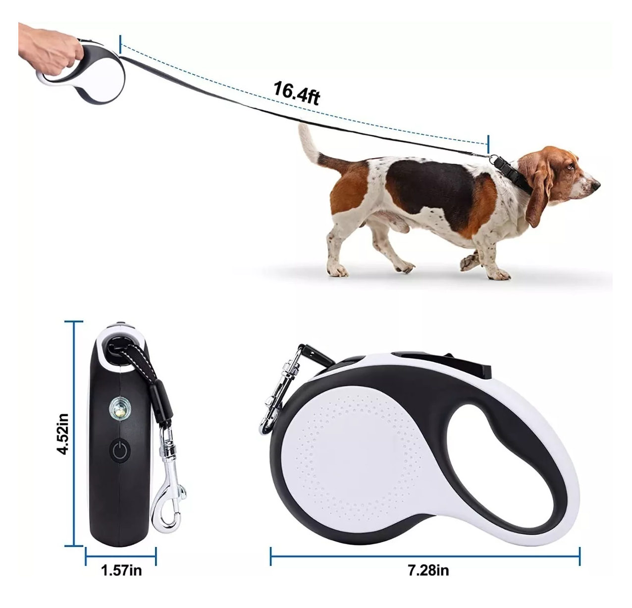 Correa Retractil Lampara Para Perros Blanco con Negro