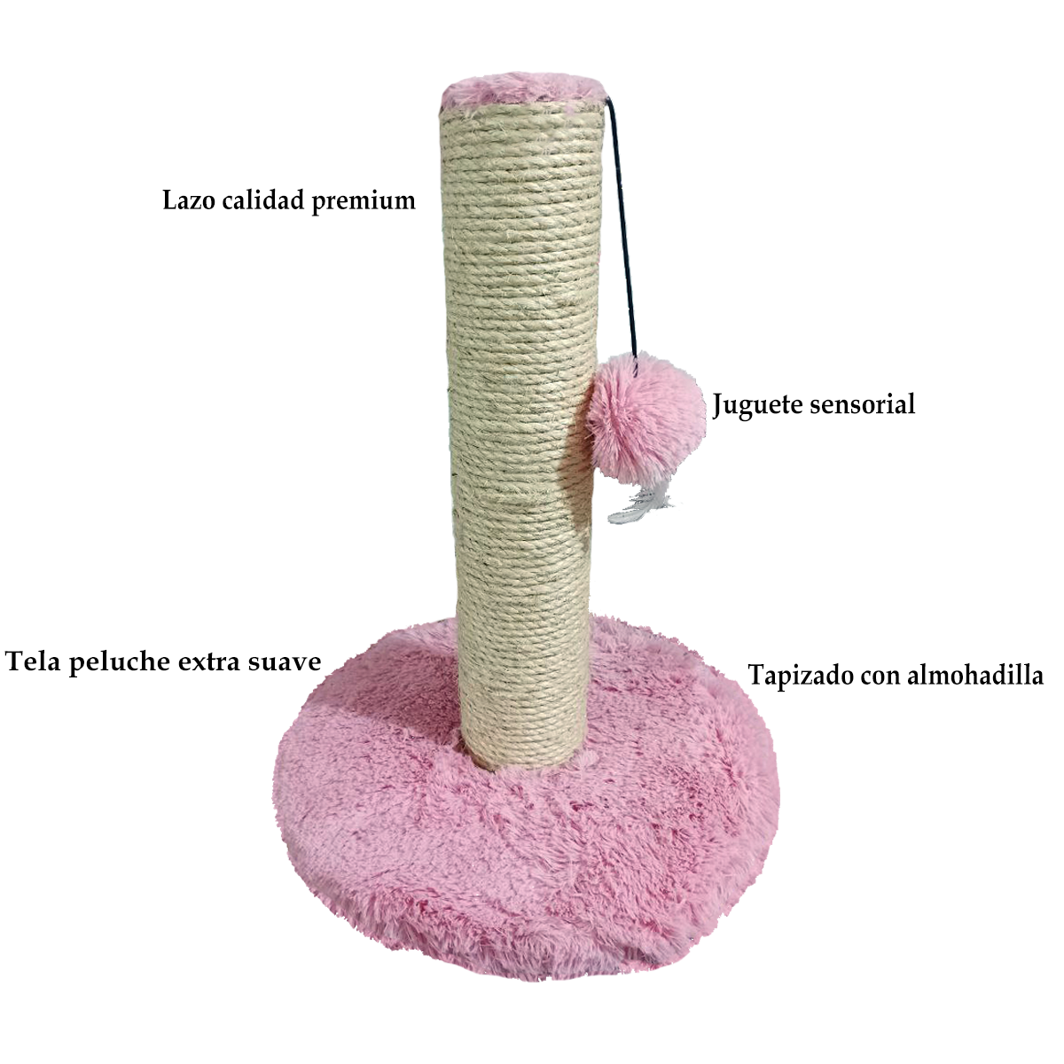 Rascador Premium Para Gato Tela Rosa Peluche Extra Suave 50 Cm | Lazo Rascable Máx Calidad