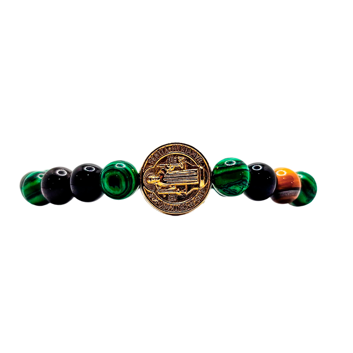 Pulsera San Benito Hombre Piedras Ónix, Ojo de tigre y Malaquita