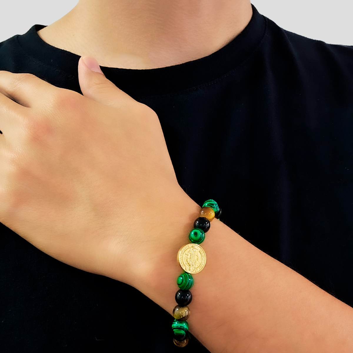 Pulsera San Benito Hombre Piedras Ónix, Ojo de tigre y Malaquita