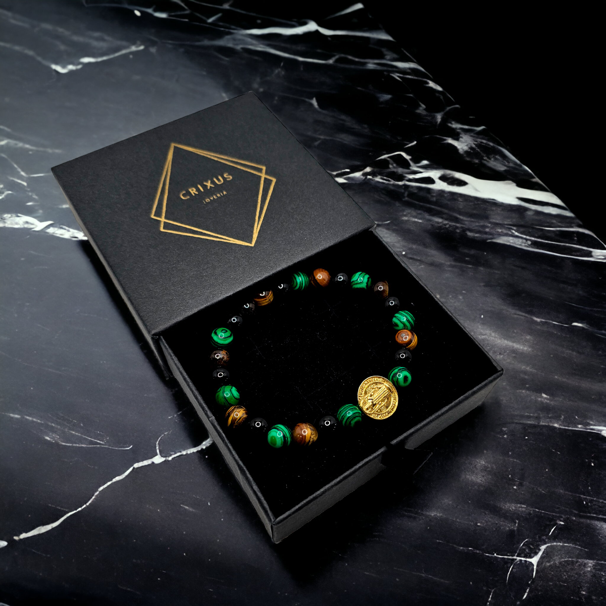 Pulsera San Benito Hombre Piedras Ónix, Ojo de tigre y Malaquita