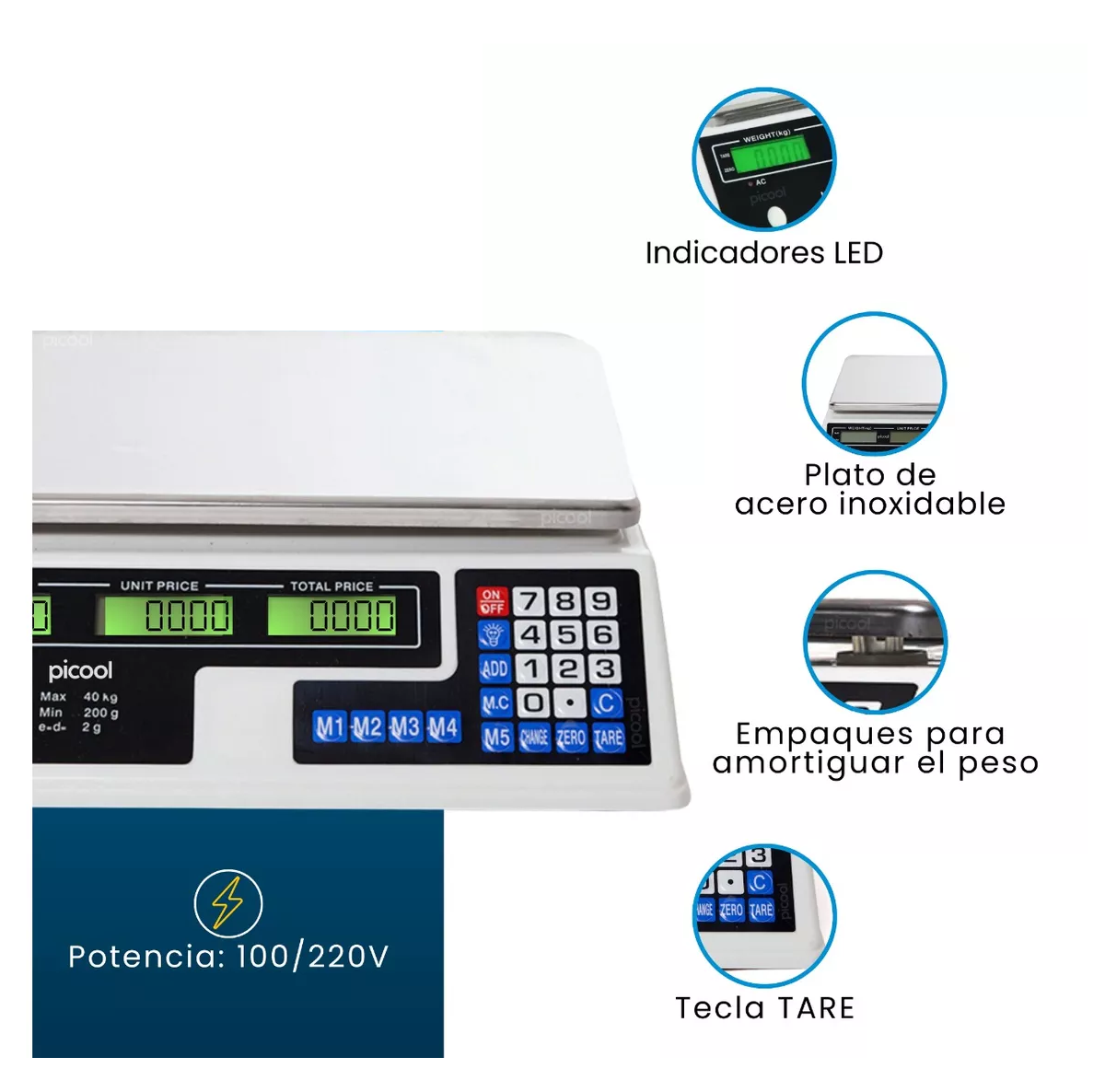 Báscula Comercial Digital 40 Kg Recargable Plateado
