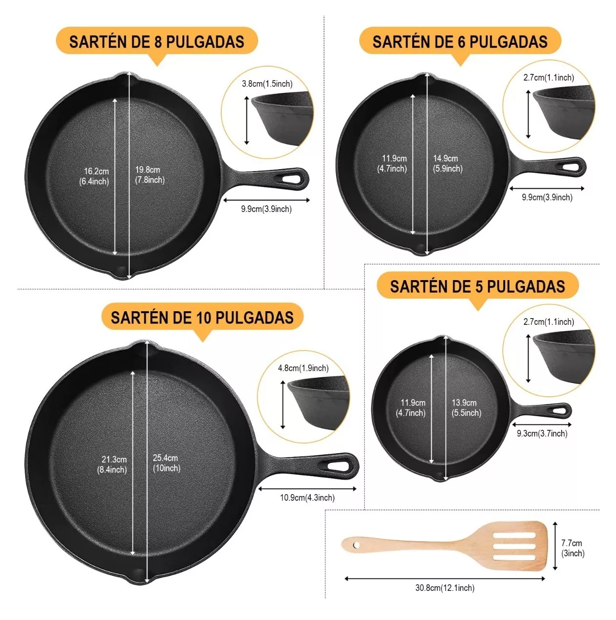 Sarten Hierro Antiadherente Con Espátula 4 pZ Negro