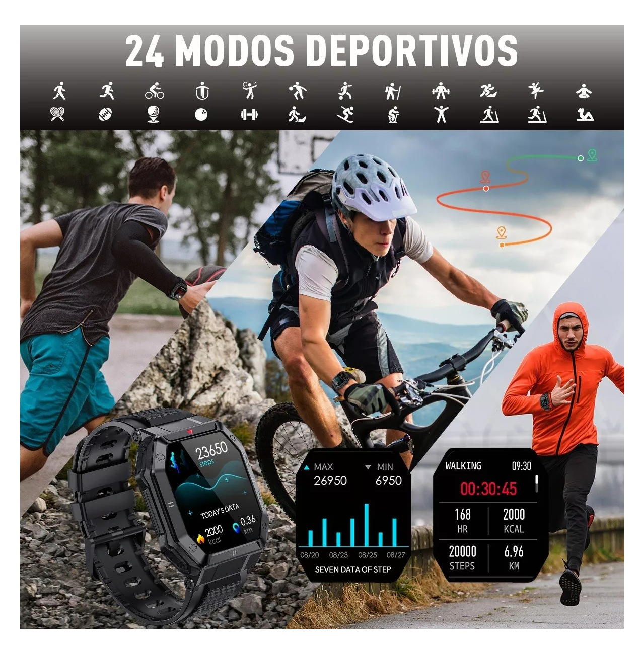Smartwatch Para Hombre Reloj Inteligente Deportivo negro cuadrado 